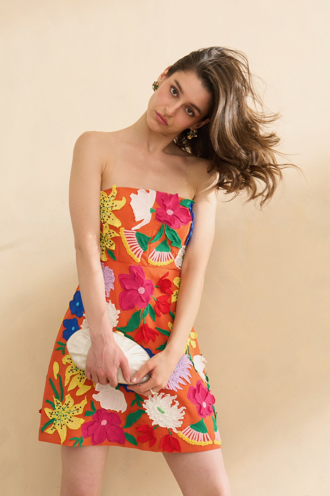 GARDEN OF SICILIA TANGERINE COLOR OFF SHOULDER CORSET DRESS WITH DELICATE MULTI COLOR FLORAL EMBROIDERY