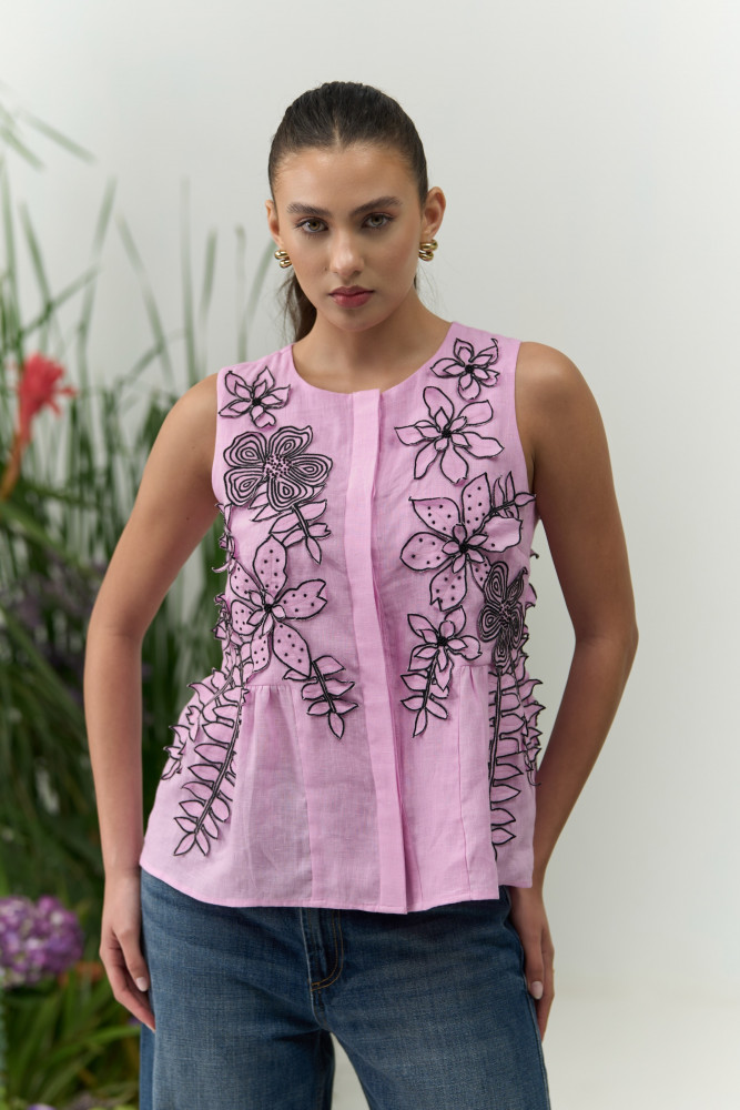Image of ATELIER RIVIERA LILAC COLOR COTTON LINEN SLEEVELESS TOP WITH 3D FLOWER EMBROIDERY