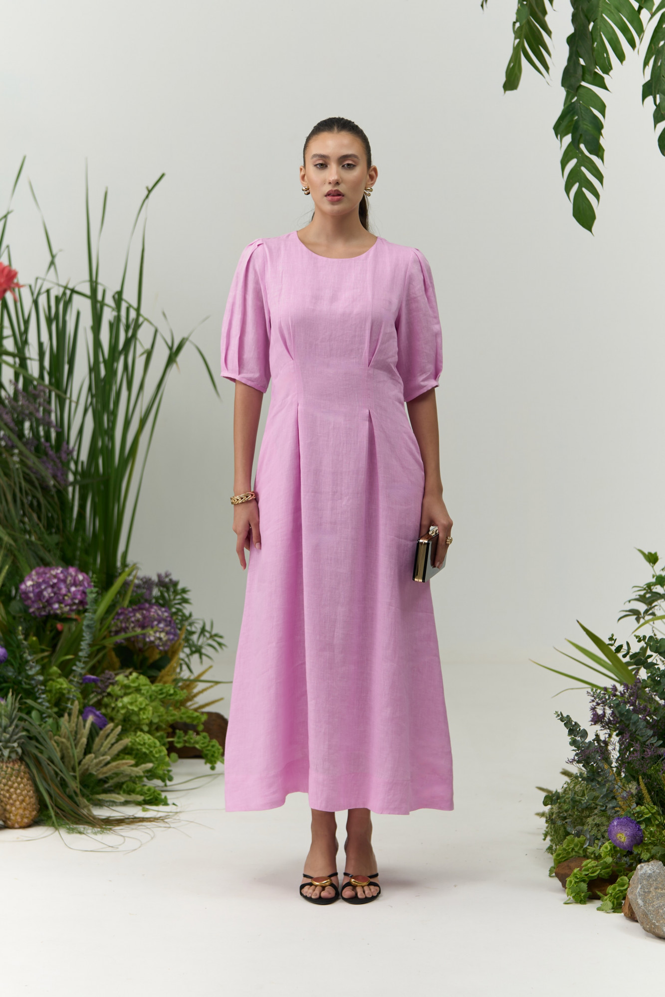 ATELIER RIVIERA SOLID LILAC COLOR COTTON LINEN MIDI LENGTH DRESS WITH SLEEVES