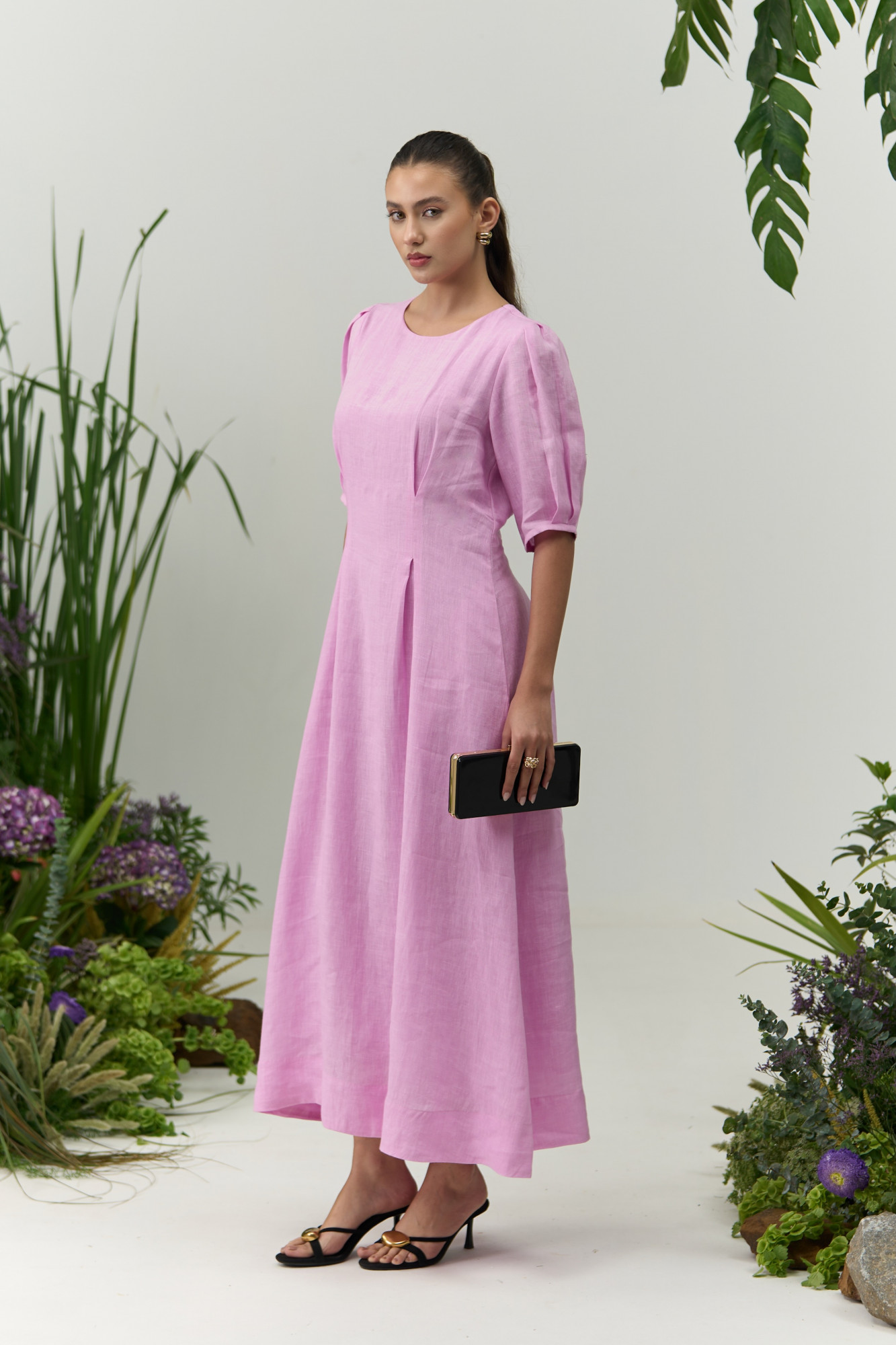 ATELIER RIVIERA SOLID LILAC COLOR COTTON LINEN MIDI LENGTH DRESS WITH SLEEVES