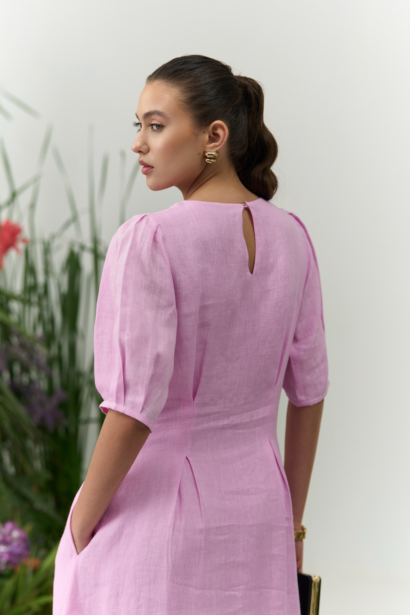 ATELIER RIVIERA SOLID LILAC COLOR COTTON LINEN MIDI LENGTH DRESS WITH SLEEVES