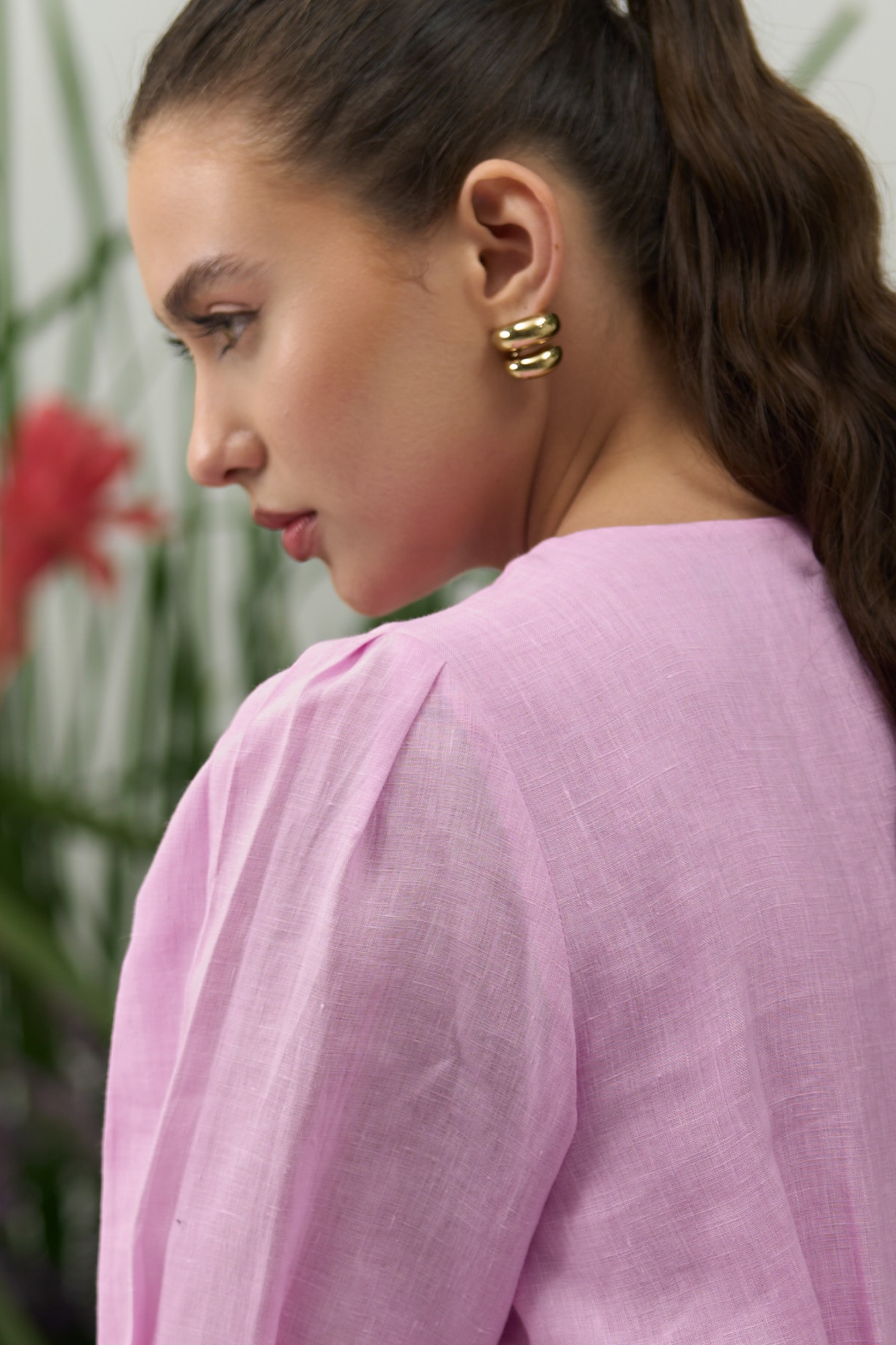 ATELIER RIVIERA SOLID LILAC COLOR COTTON LINEN MIDI LENGTH DRESS WITH SLEEVES