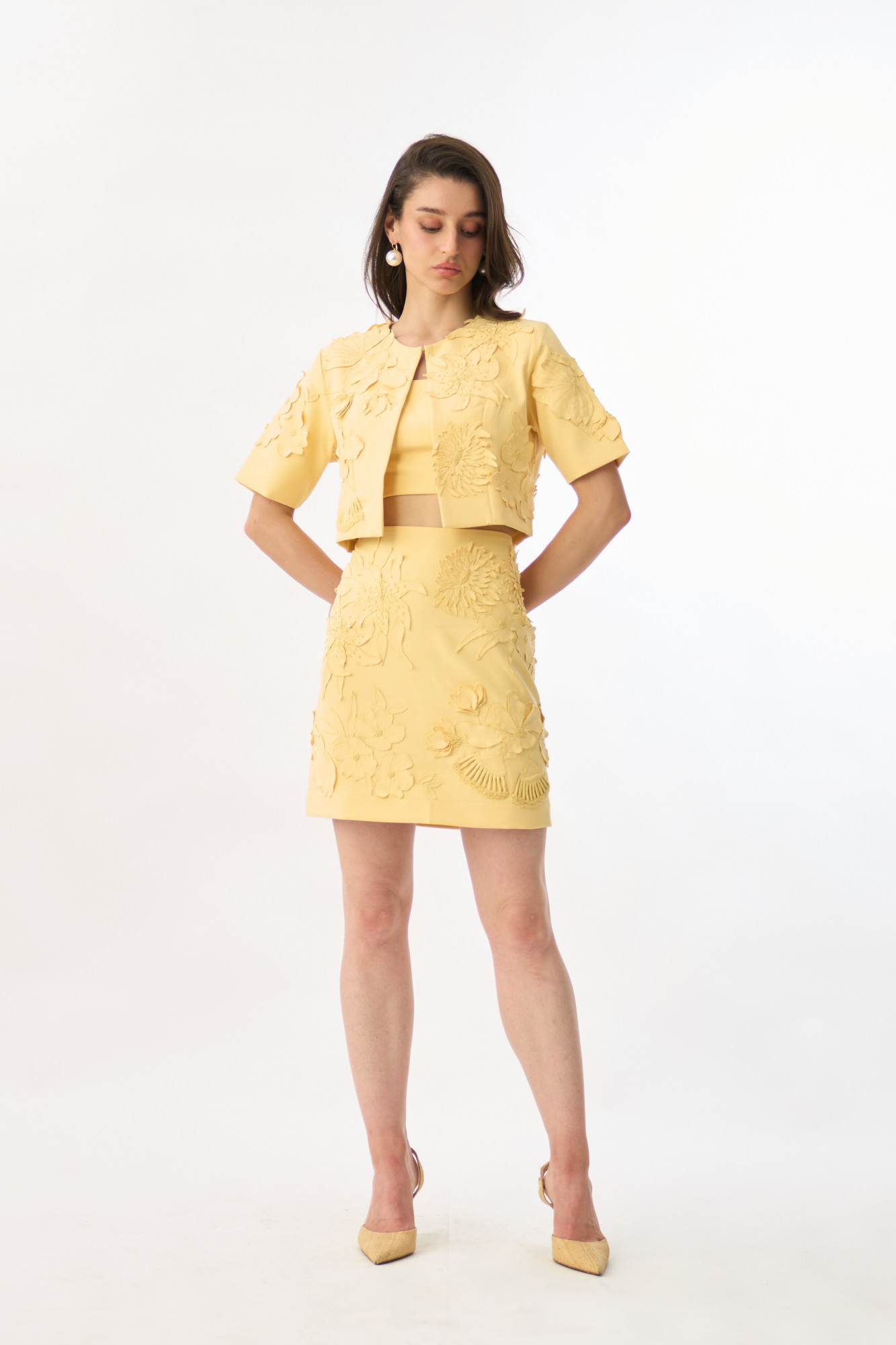 GARDEN OF SICILIA LIGHT YELLOW COLOR EMBROIDERED CROP LENGTH JACKET WITH PLAIN BUSTIER AND SKIRT SET