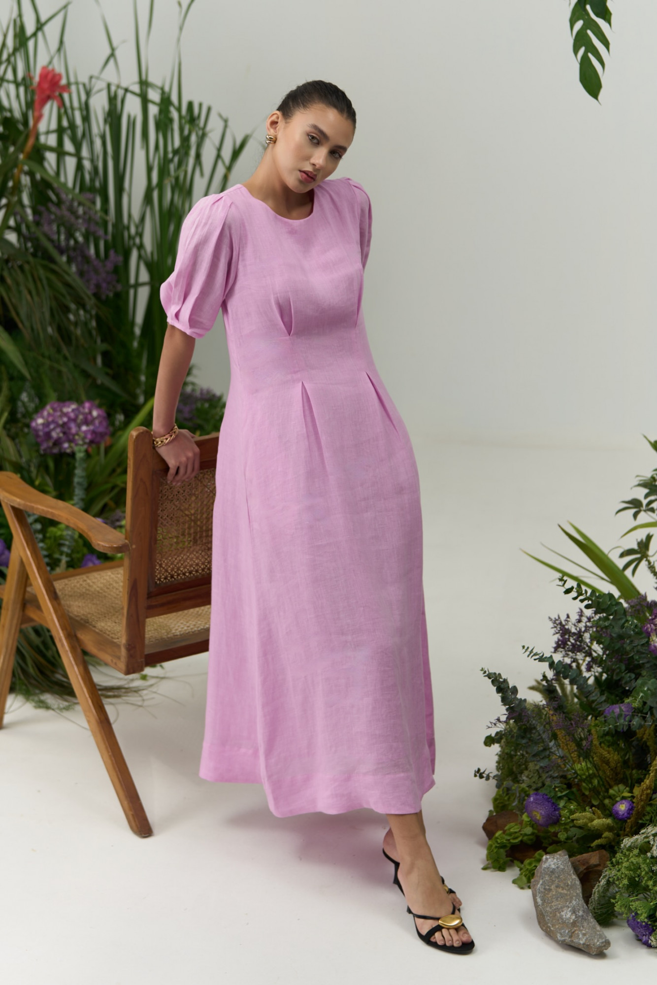 ATELIER RIVIERA SOLID LILAC COLOR COTTON LINEN MIDI LENGTH DRESS WITH SLEEVES