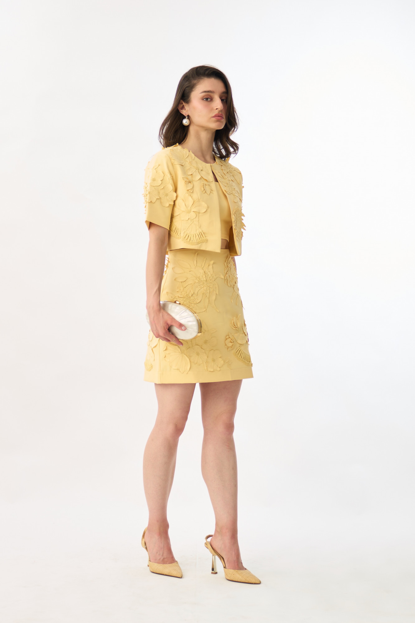 GARDEN OF SICILIA LIGHT YELLOW COLOR EMBROIDERED CROP LENGTH JACKET WITH PLAIN BUSTIER AND SKIRT SET