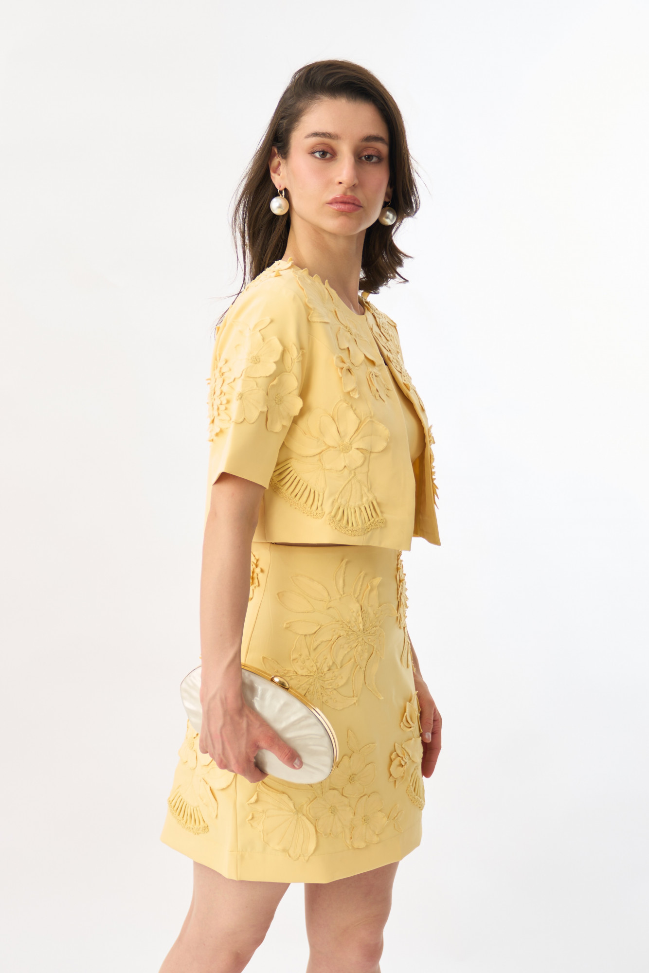 GARDEN OF SICILIA LIGHT YELLOW COLOR EMBROIDERED CROP LENGTH JACKET WITH PLAIN BUSTIER AND SKIRT SET