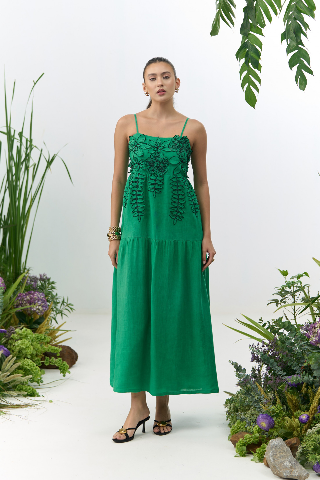 ATELIER RIVIERA GREEN COTTON LINEN MIDI LENGTH DRESS WITH 3D FLOWER EMBROIDERY