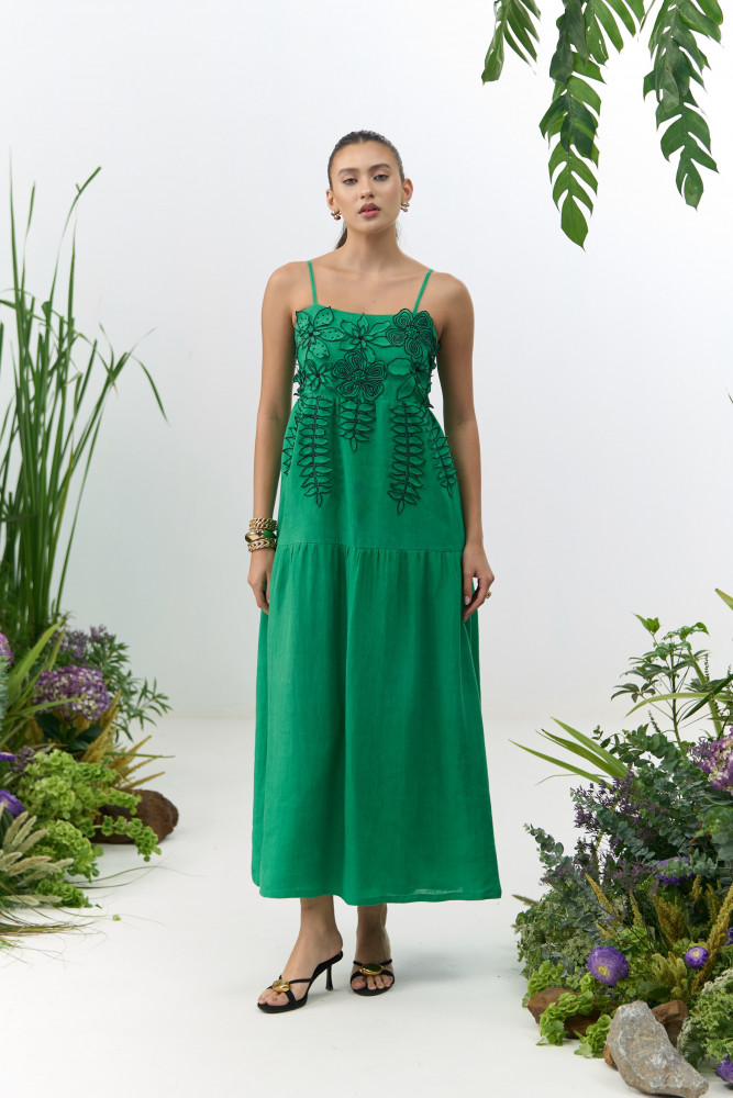 Image of ATELIER RIVIERA GREEN COTTON LINEN MIDI LENGTH DRESS WITH 3D FLOWER EMBROIDERY