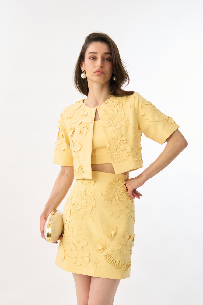 Image of GARDEN OF SICILIA LIGHT YELLOW COLOR EMBROIDERED CROP LENGTH JACKET WITH PLAIN BUSTIER AND SKIRT SET