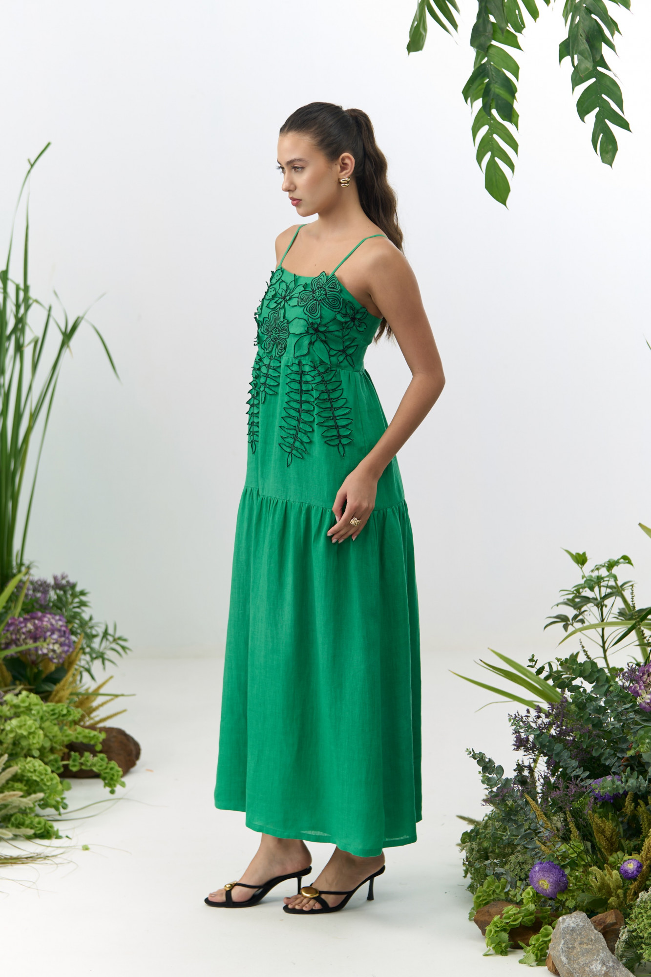 ATELIER RIVIERA GREEN COTTON LINEN MIDI LENGTH DRESS WITH 3D FLOWER EMBROIDERY