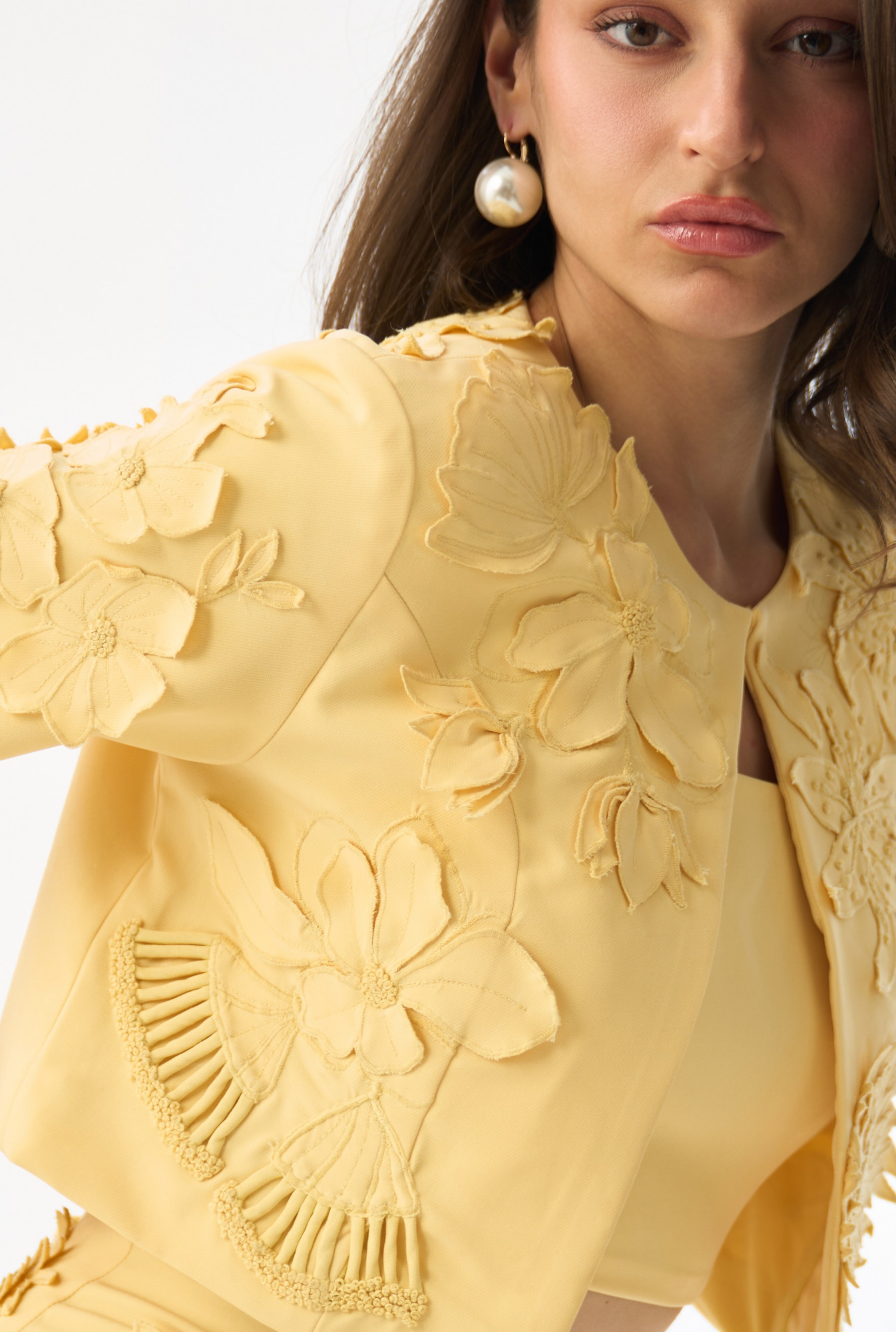 GARDEN OF SICILIA LIGHT YELLOW COLOR EMBROIDERED CROP LENGTH JACKET WITH PLAIN BUSTIER AND SKIRT SET