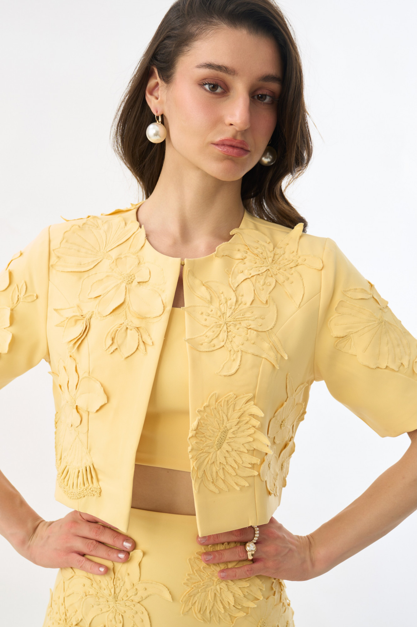 GARDEN OF SICILIA LIGHT YELLOW COLOR EMBROIDERED CROP LENGTH JACKET WITH PLAIN BUSTIER AND SKIRT SET