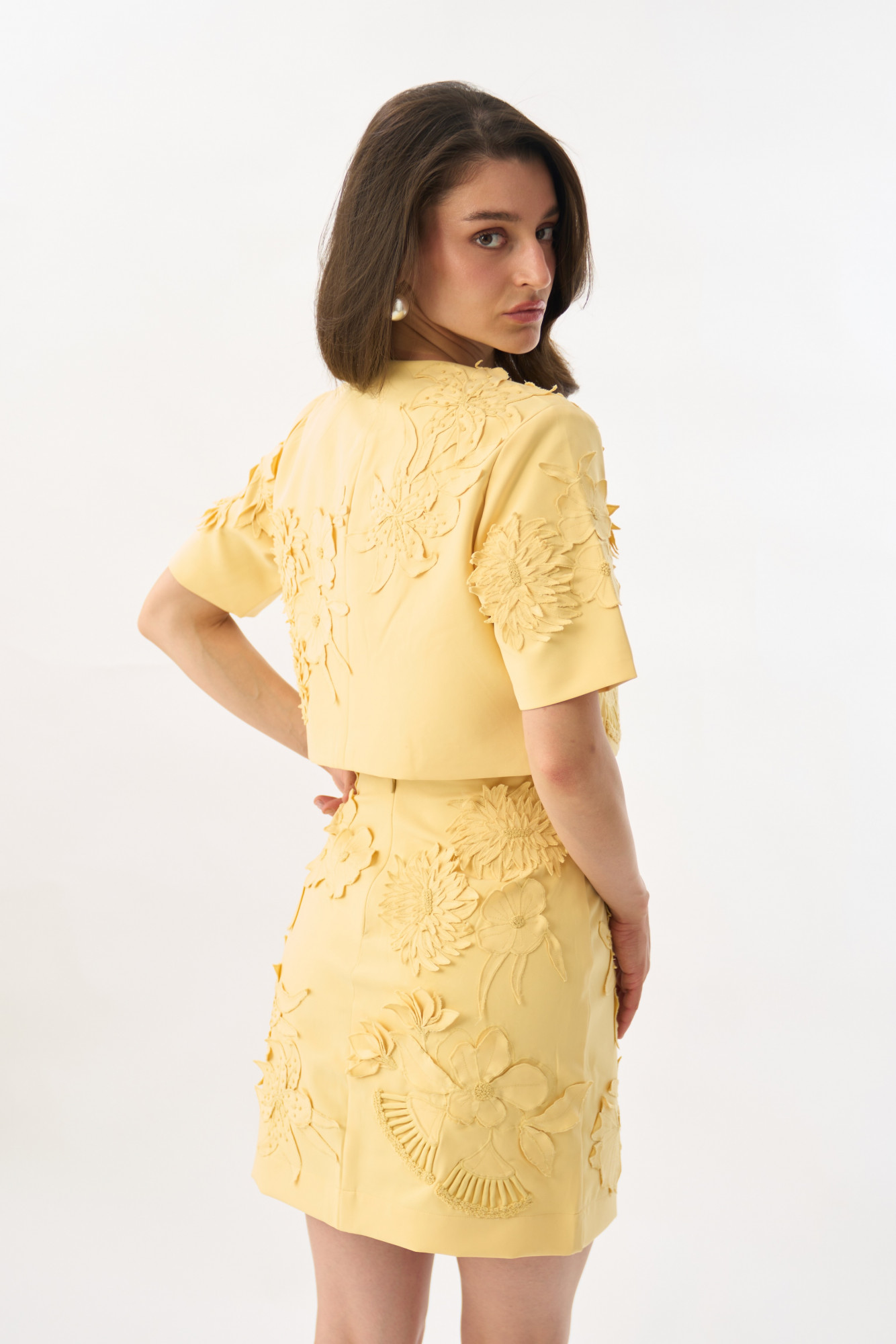 GARDEN OF SICILIA LIGHT YELLOW COLOR EMBROIDERED CROP LENGTH JACKET WITH PLAIN BUSTIER AND SKIRT SET