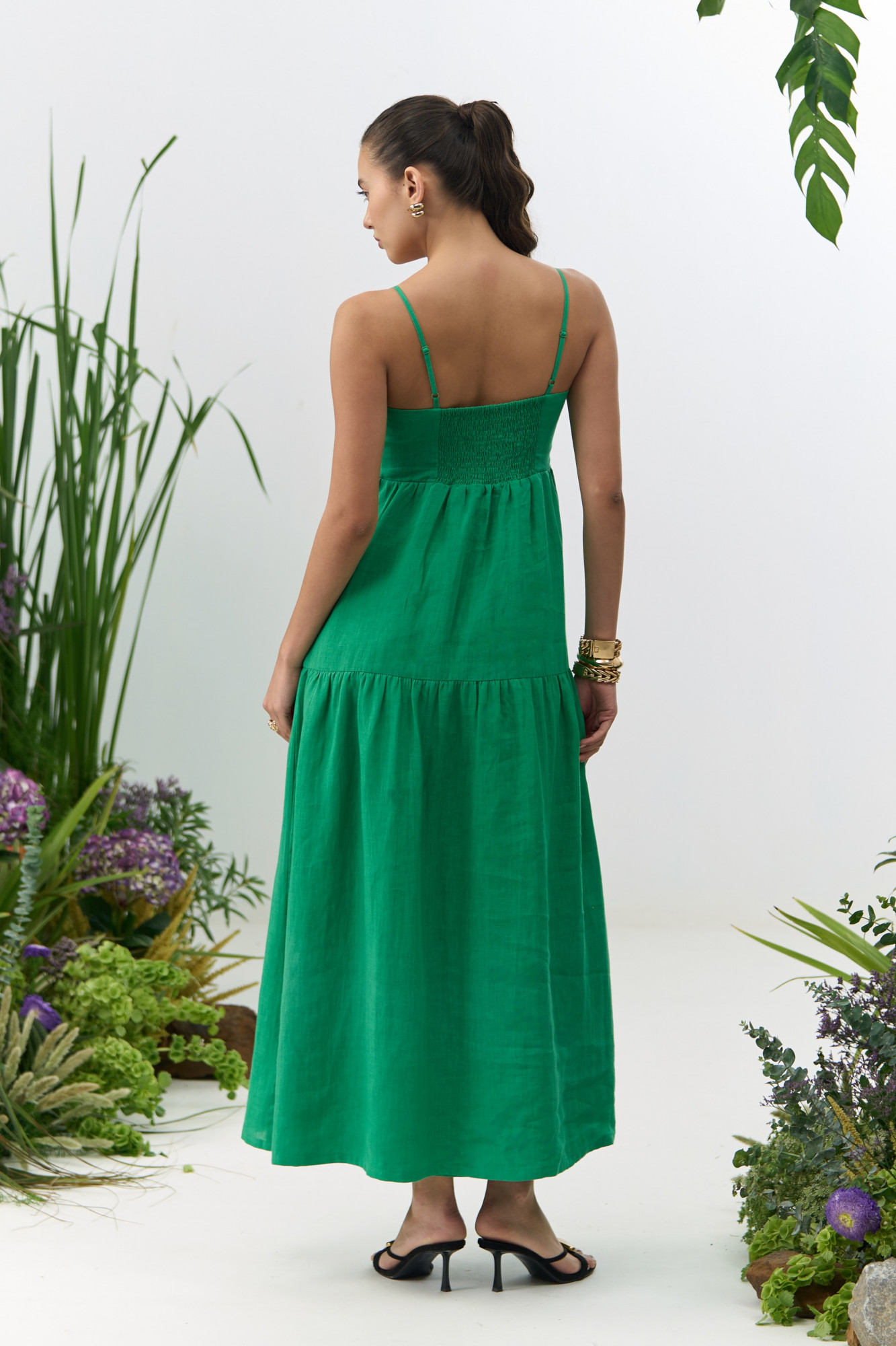 ATELIER RIVIERA GREEN COTTON LINEN MIDI LENGTH DRESS WITH 3D FLOWER EMBROIDERY