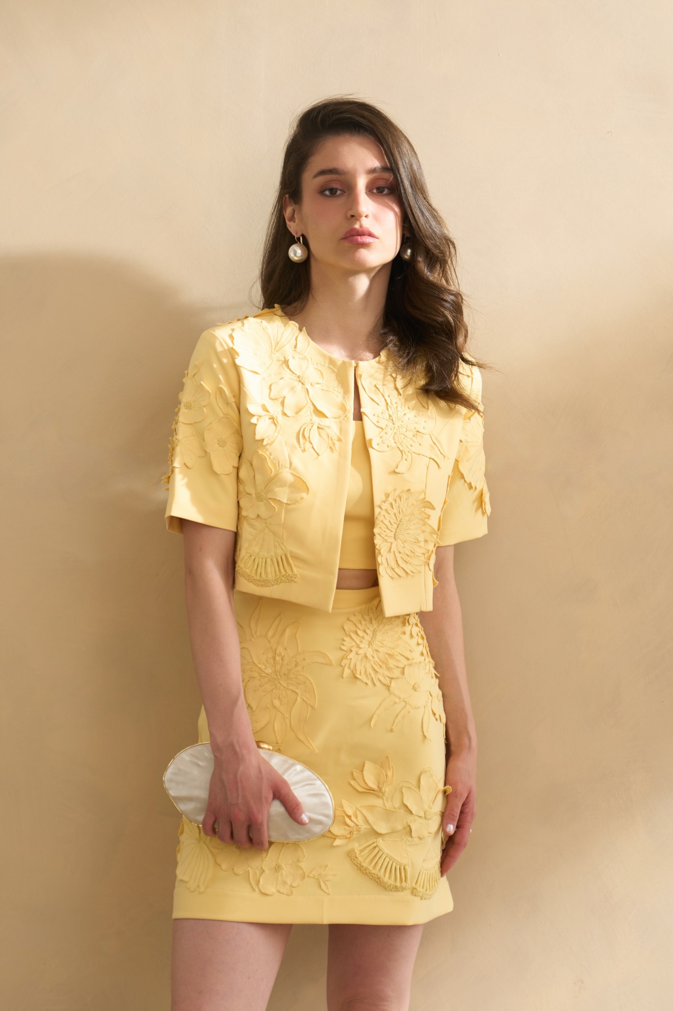 GARDEN OF SICILIA LIGHT YELLOW COLOR EMBROIDERED CROP LENGTH JACKET WITH PLAIN BUSTIER AND SKIRT SET