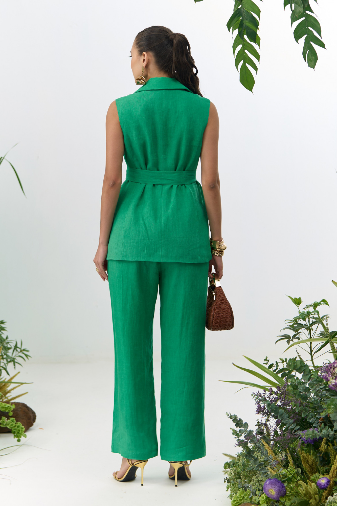 ATELIER RIVIERA SOLID GREEN COLOR COTTON LINEN SLEEVELESS JACKET  PANTS CO-ORDSET