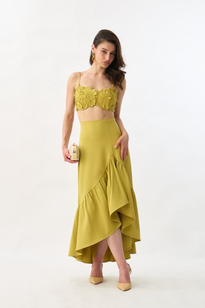 Image of GARDEN OF SICILIA LIGHT OLIVE COLOR BUSTIER AND SKIRT CO-ORD SET WITH DELICATE FLORAL EMBROIDERY