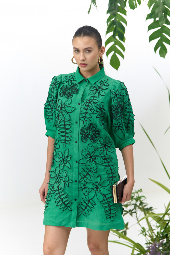 Image of ATELIER RIVIERA GREEN COLOR COTTON LINEN KNEE LENGTH SHIRT DRESS WITH 3D FLOWER EMBROIDERY