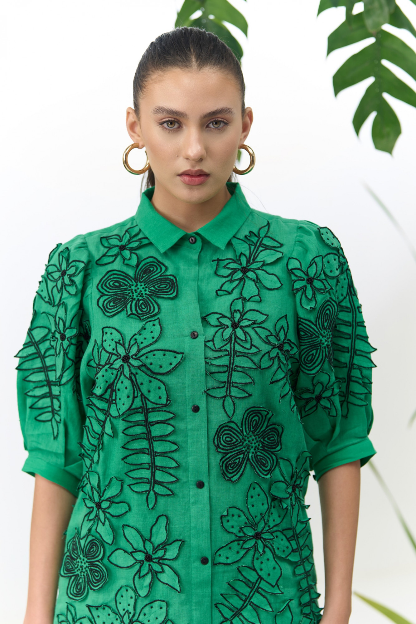ATELIER RIVIERA GREEN COLOR COTTON LINEN KNEE LENGTH SHIRT DRESS WITH 3D FLOWER EMBROIDERY