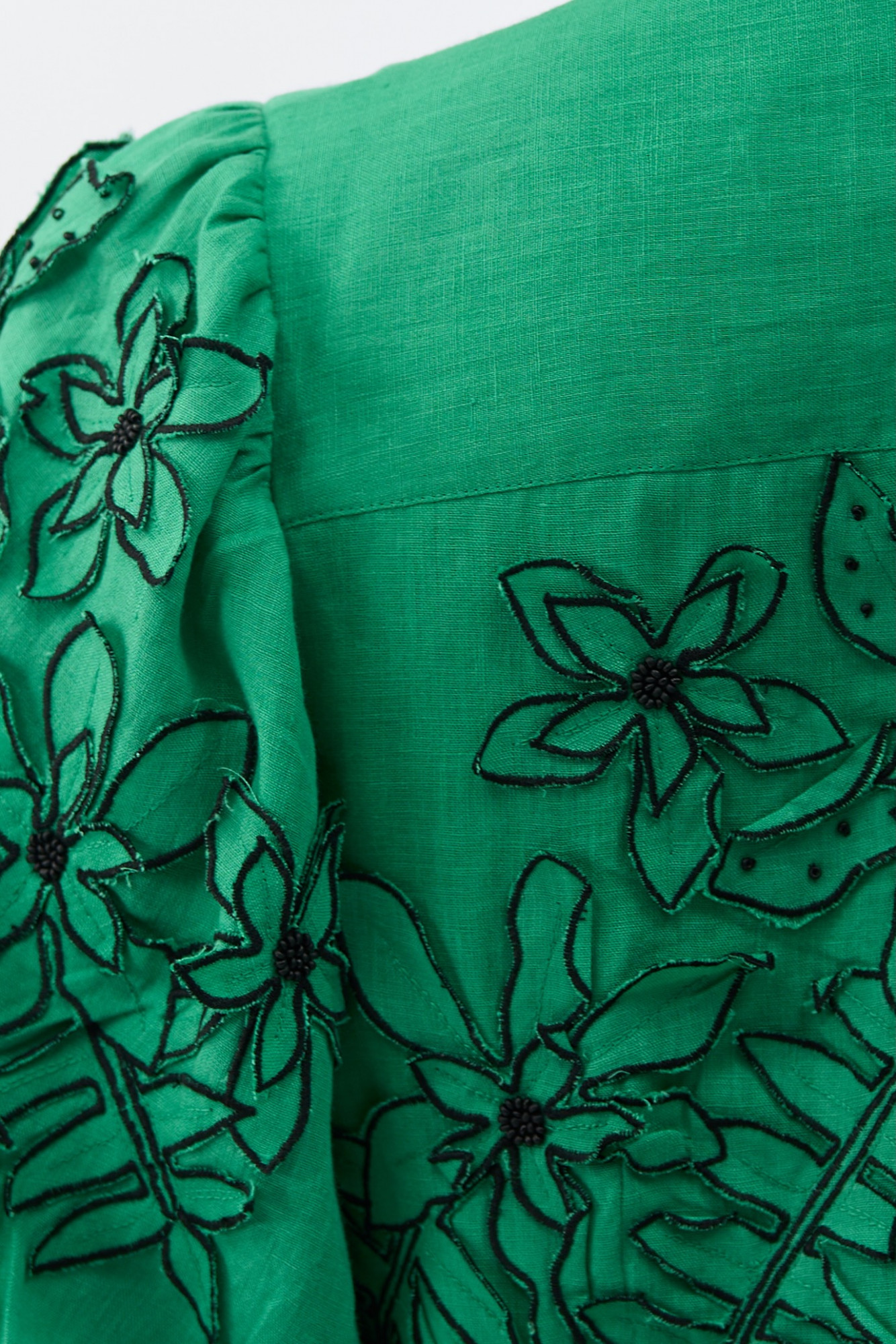 ATELIER RIVIERA GREEN COLOR COTTON LINEN KNEE LENGTH SHIRT DRESS WITH 3D FLOWER EMBROIDERY