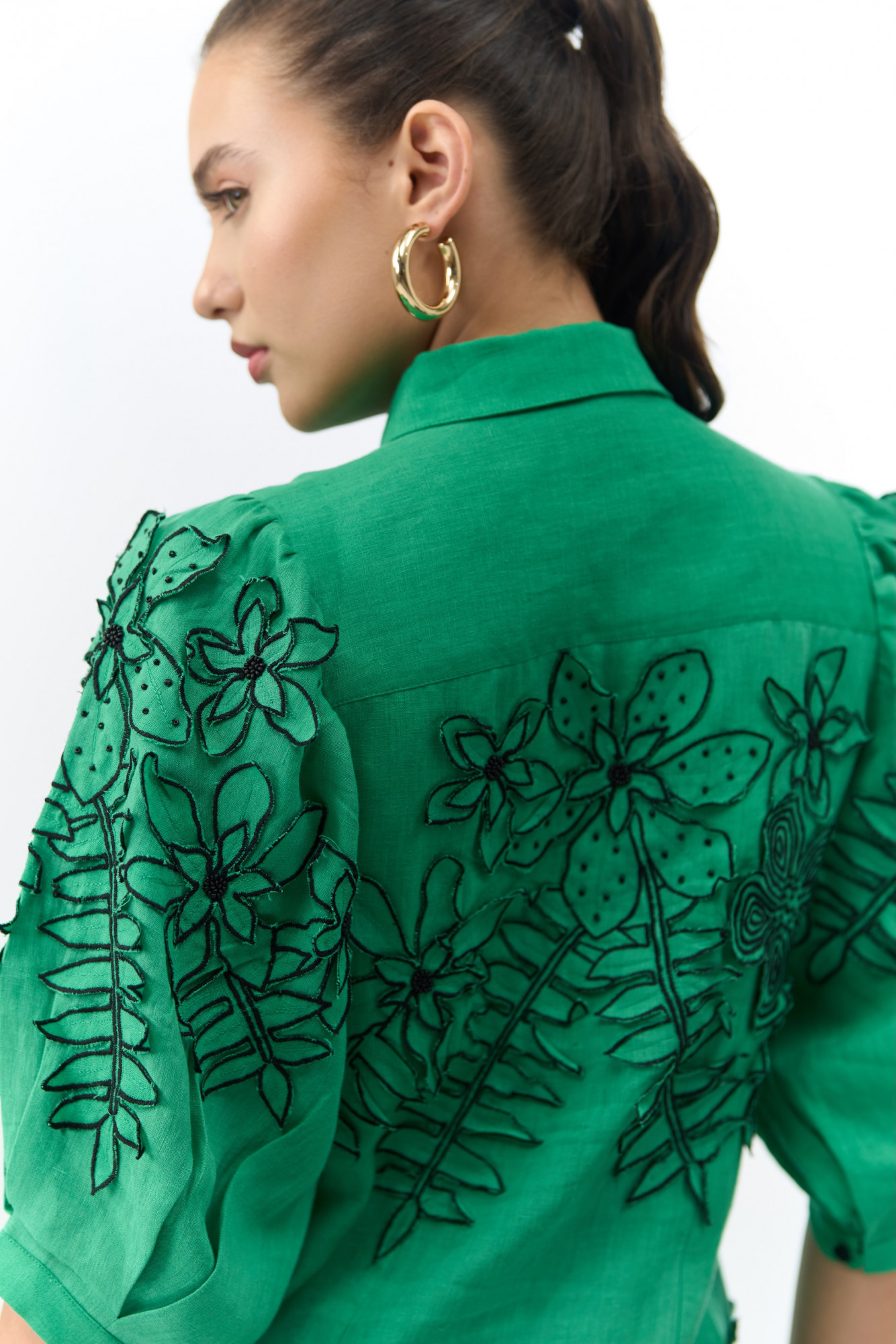 ATELIER RIVIERA GREEN COLOR COTTON LINEN KNEE LENGTH SHIRT DRESS WITH 3D FLOWER EMBROIDERY