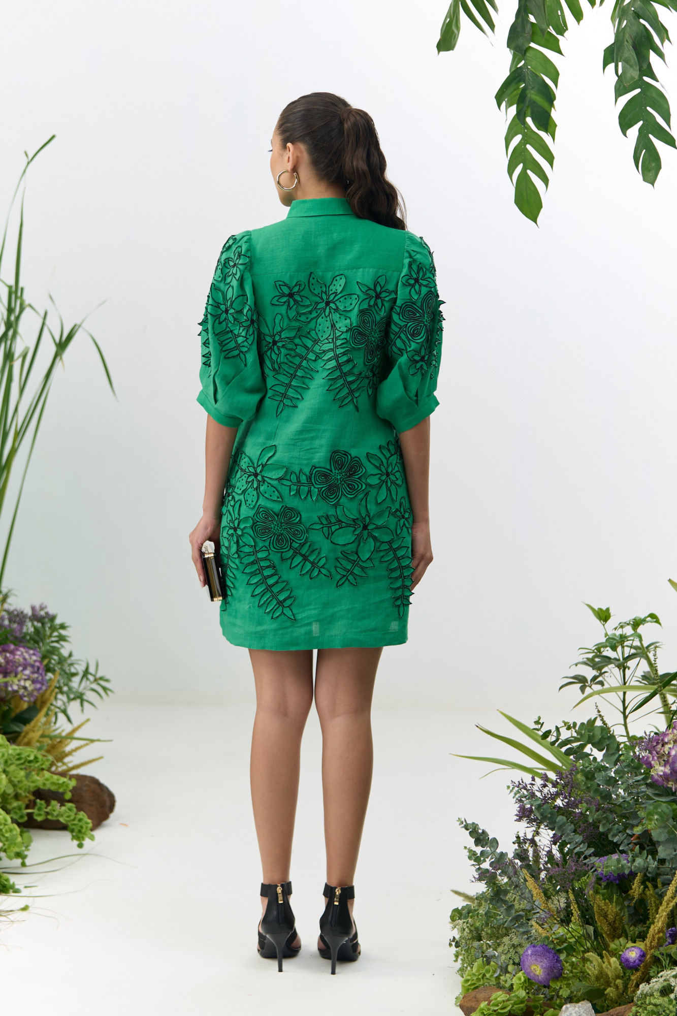 ATELIER RIVIERA GREEN COLOR COTTON LINEN KNEE LENGTH SHIRT DRESS WITH 3D FLOWER EMBROIDERY