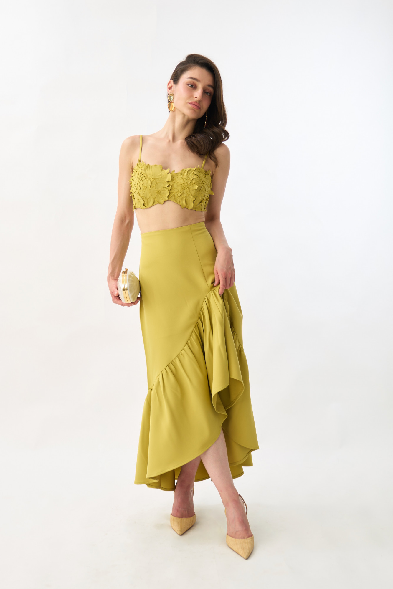GARDEN OF SICILIA LIGHT OLIVE COLOR BUSTIER AND SKIRT CO-ORD SET WITH DELICATE FLORAL EMBROIDERY