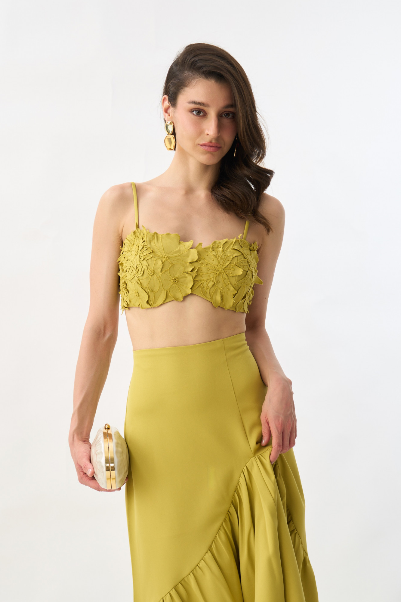 GARDEN OF SICILIA LIGHT OLIVE COLOR BUSTIER AND SKIRT CO-ORD SET WITH DELICATE FLORAL EMBROIDERY