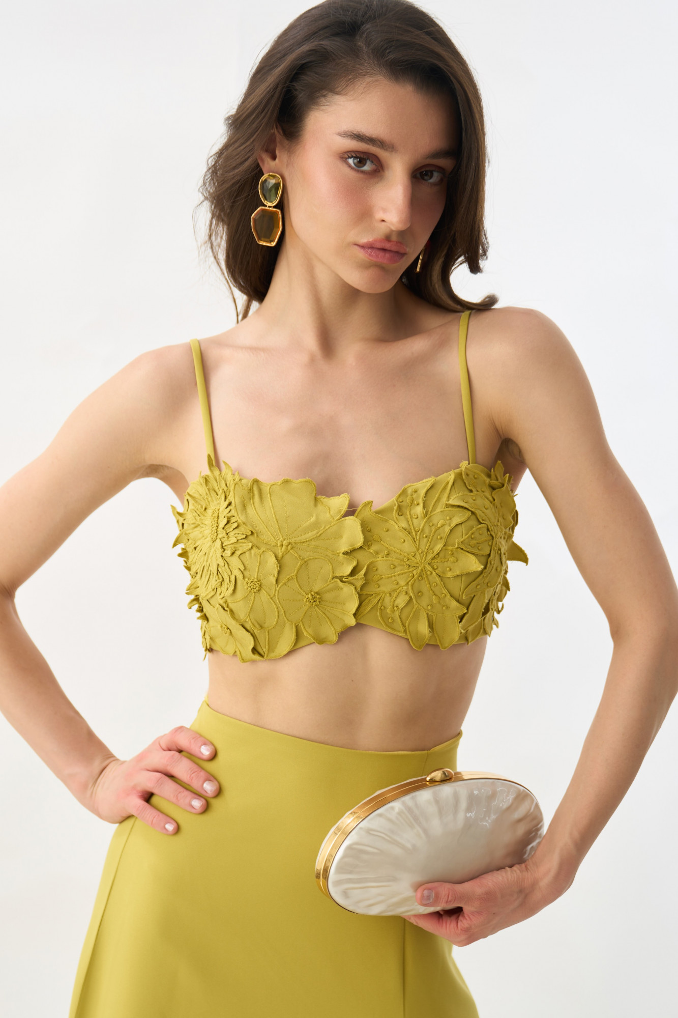 GARDEN OF SICILIA LIGHT OLIVE COLOR BUSTIER AND SKIRT CO-ORD SET WITH DELICATE FLORAL EMBROIDERY