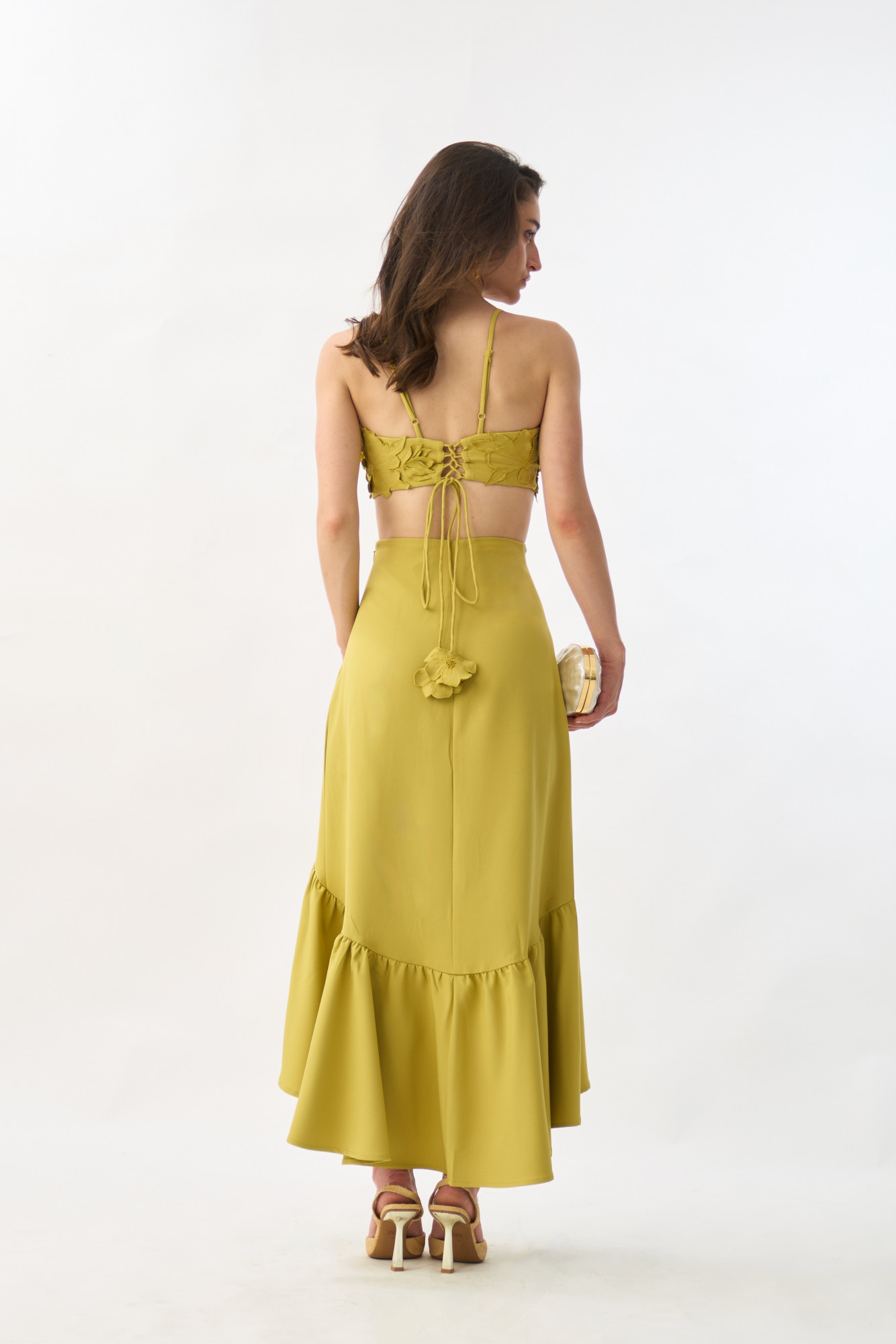 GARDEN OF SICILIA LIGHT OLIVE COLOR BUSTIER AND SKIRT CO-ORD SET WITH DELICATE FLORAL EMBROIDERY