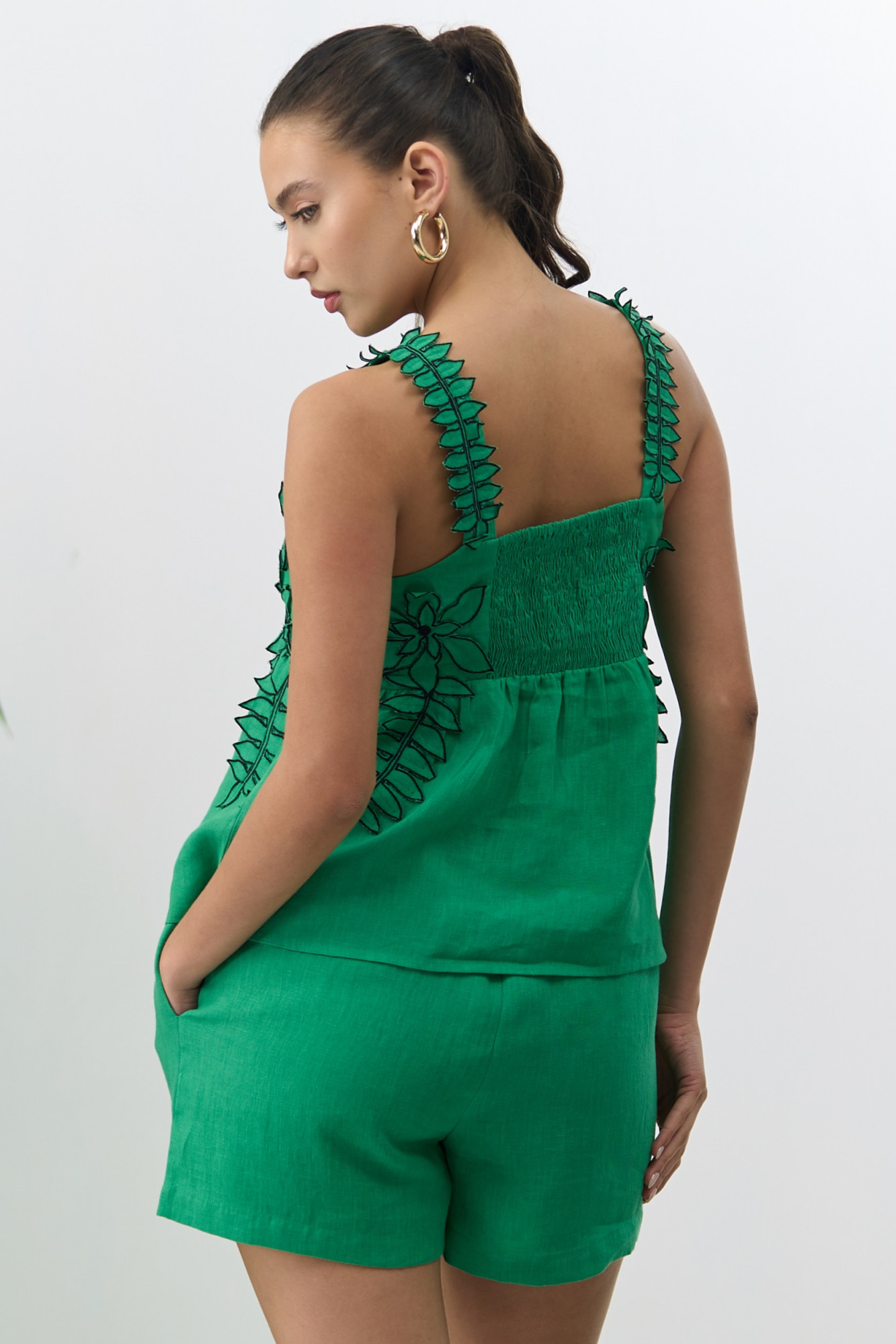 ATELIER RIVIERA GREEN COLOR COTTON LINEN CAMI TOP SHORTS CO-ORD SET WITH 3D FLOWER EMBROIDERY