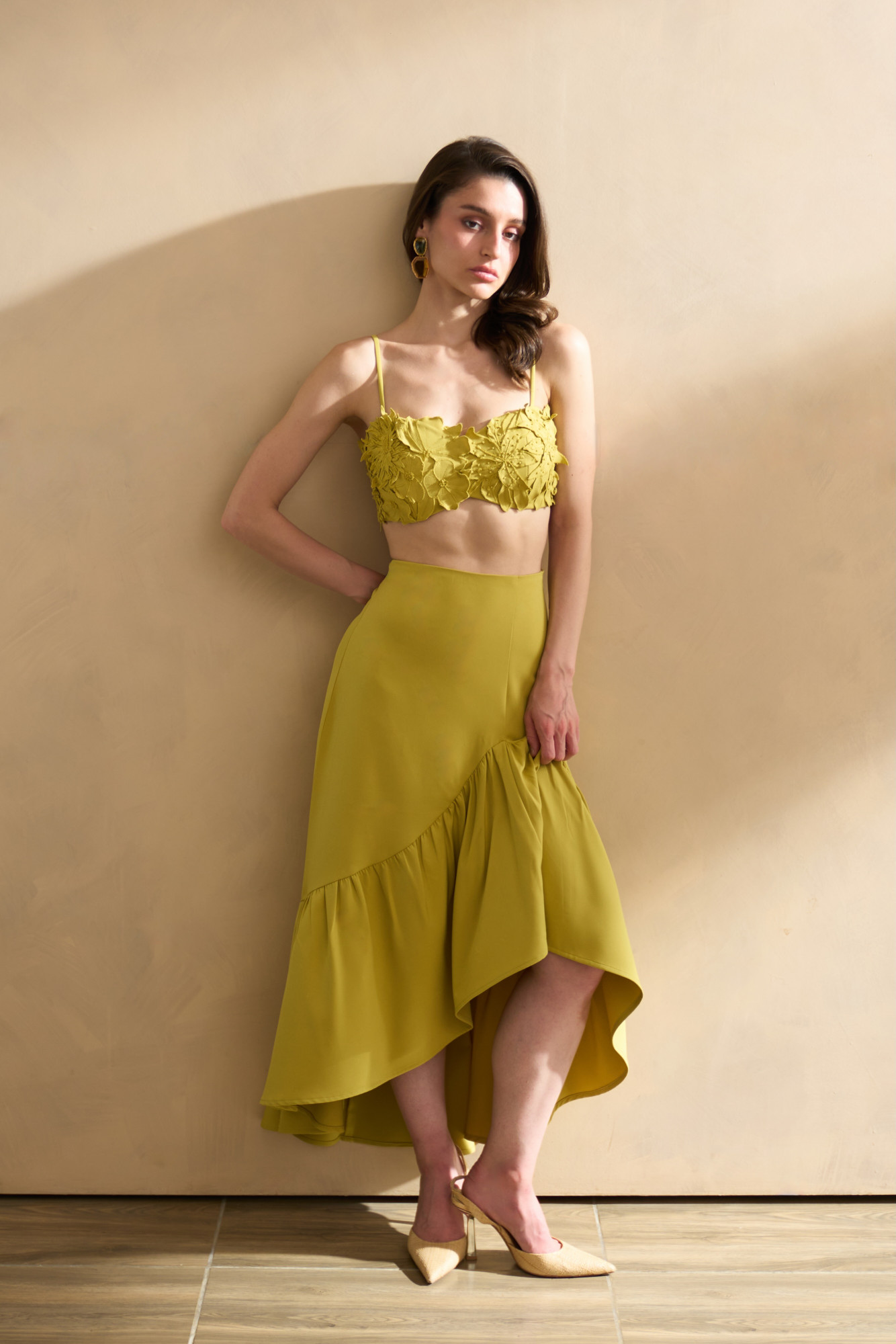 GARDEN OF SICILIA LIGHT OLIVE COLOR BUSTIER AND SKIRT CO-ORD SET WITH DELICATE FLORAL EMBROIDERY