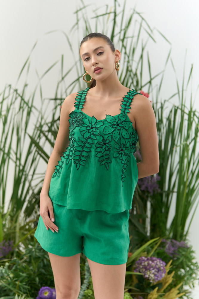 Image of ATELIER RIVIERA GREEN COLOR COTTON LINEN CAMI TOP &amp; SHORTS CO-ORD SET WITH 3D FLOWER EMBROIDERY