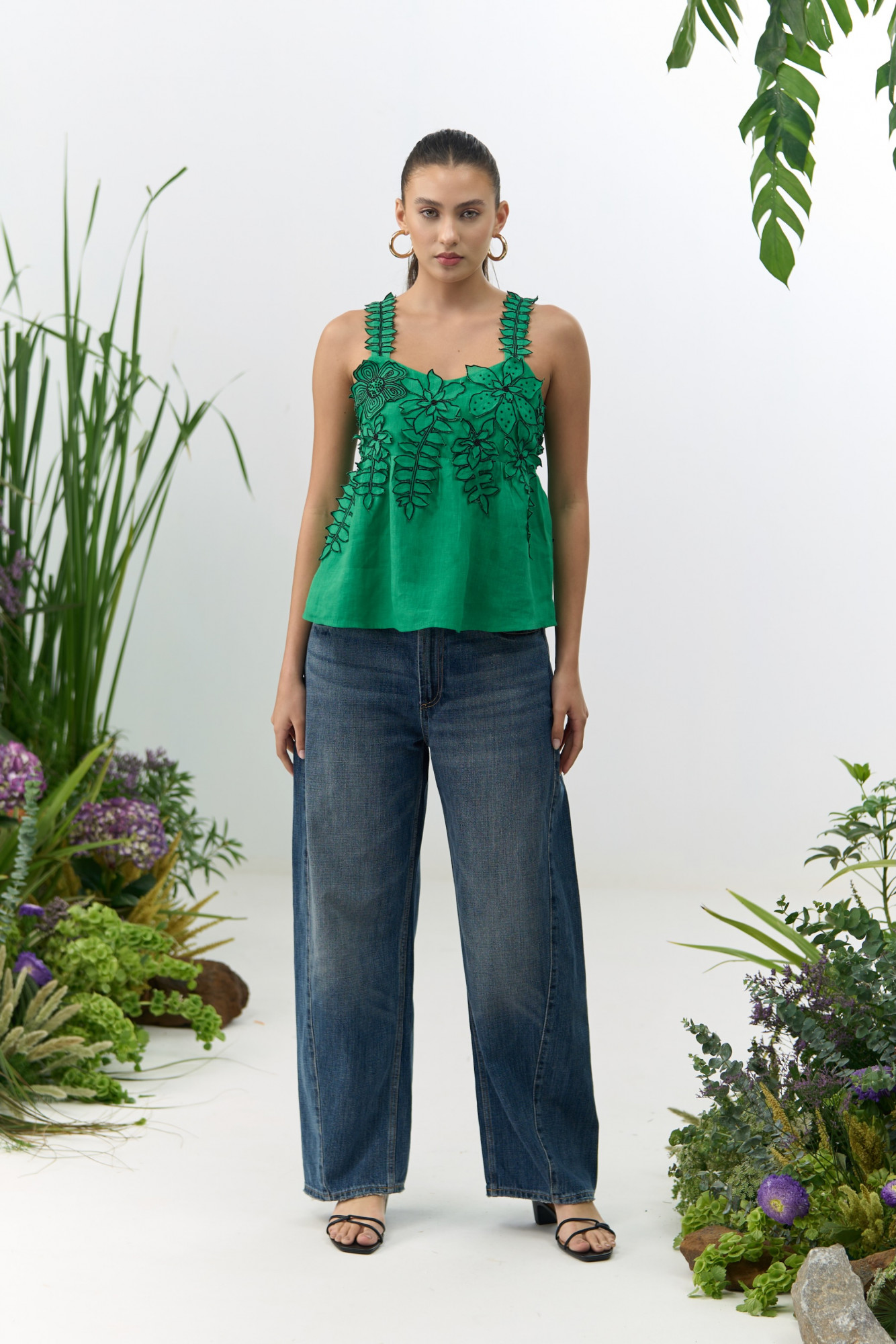 ATELIER RIVIERA GREEN COLOR COTTON LINEN CAMI TOP WITH 3D FLOWER EMBROIDERY