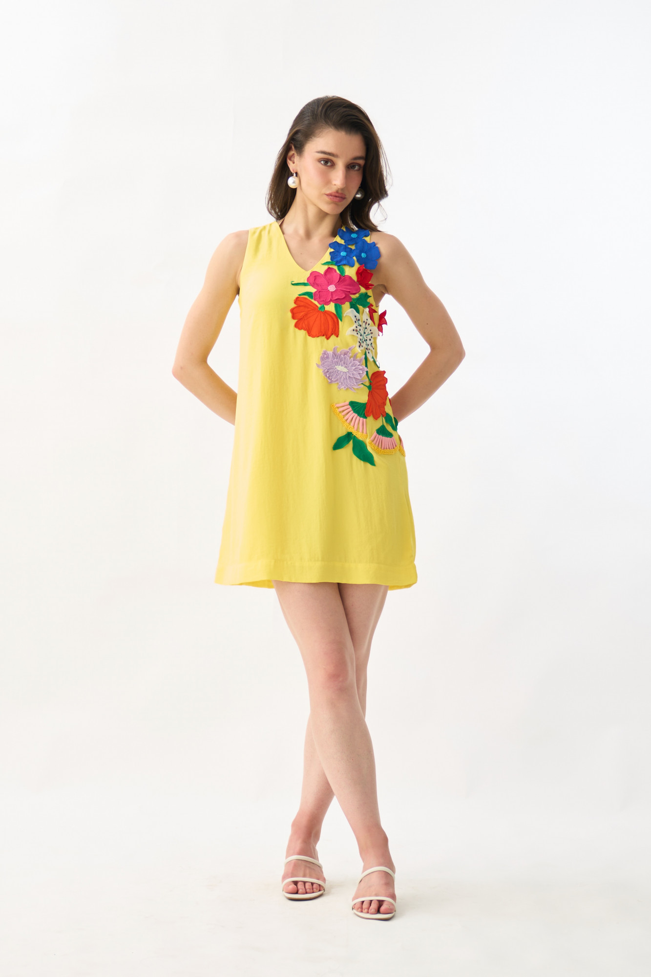 GARDEN OF SICILIA YELLOW COLOR KNEE LENGTH SHIFT DRESS WITH DELICATE MULTI COLOR FLORAL EMBROIDERY