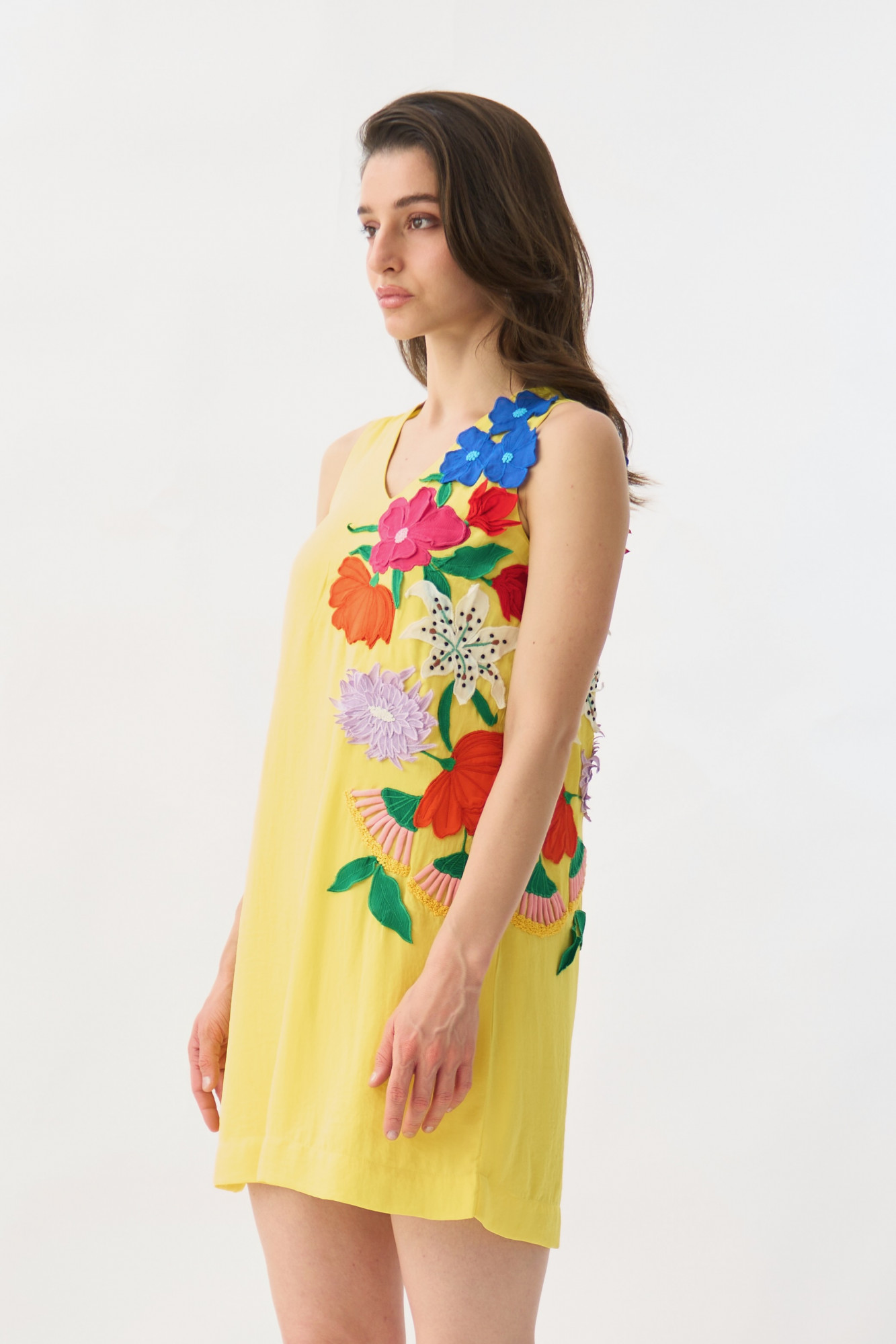 GARDEN OF SICILIA YELLOW COLOR KNEE LENGTH SHIFT DRESS WITH DELICATE MULTI COLOR FLORAL EMBROIDERY
