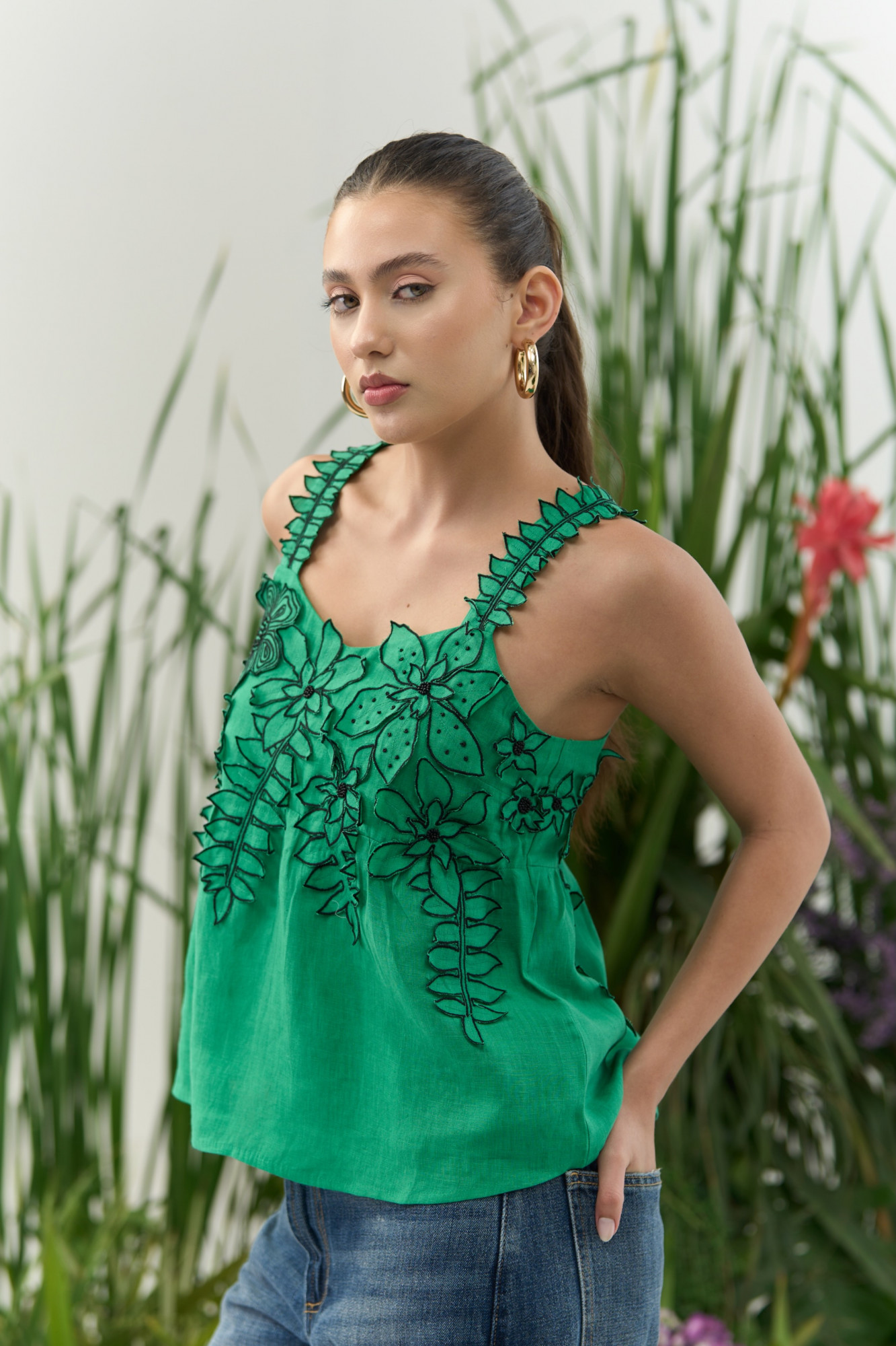 ATELIER RIVIERA GREEN COLOR COTTON LINEN CAMI TOP WITH 3D FLOWER EMBROIDERY