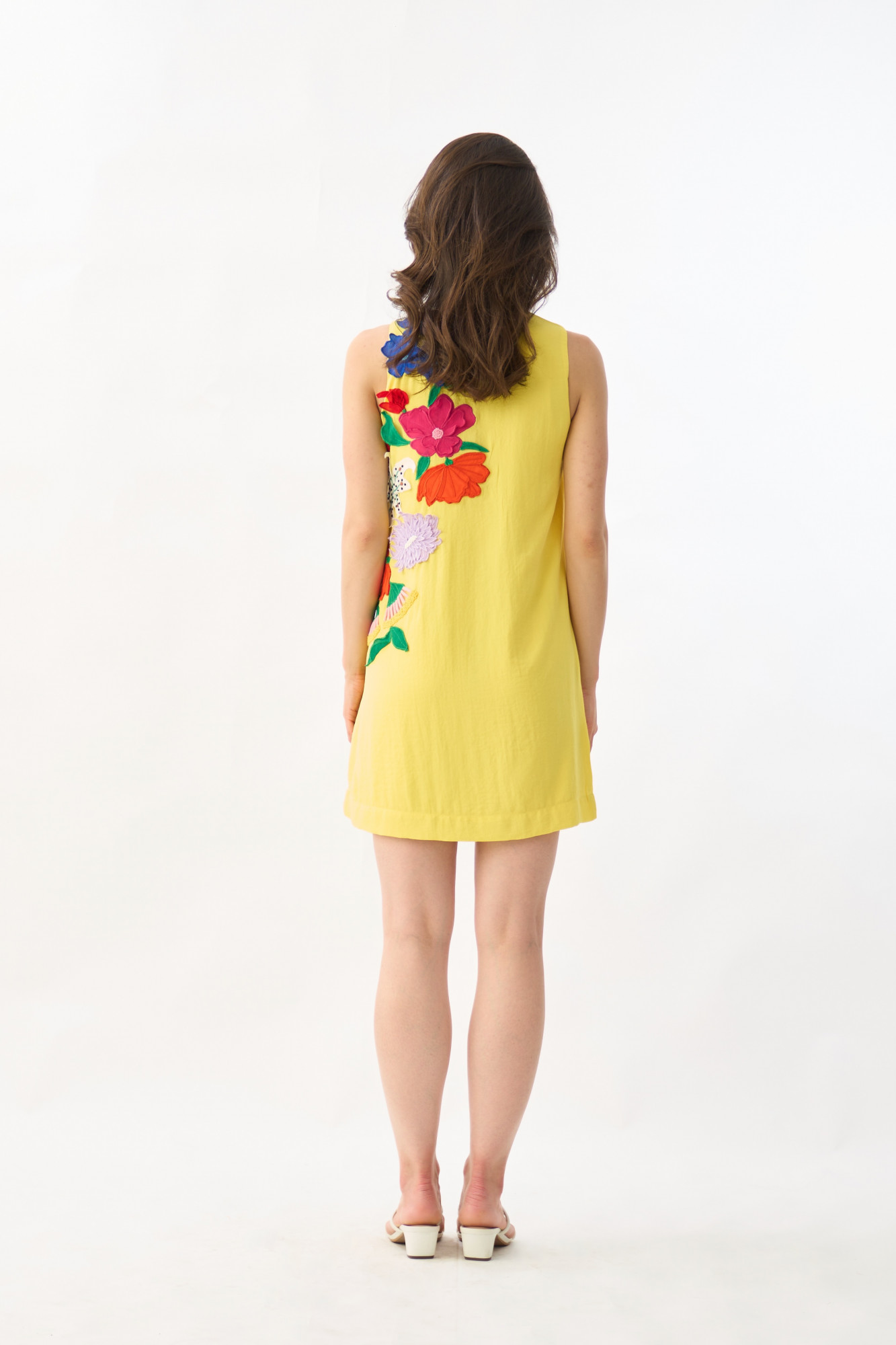 GARDEN OF SICILIA YELLOW COLOR KNEE LENGTH SHIFT DRESS WITH DELICATE MULTI COLOR FLORAL EMBROIDERY