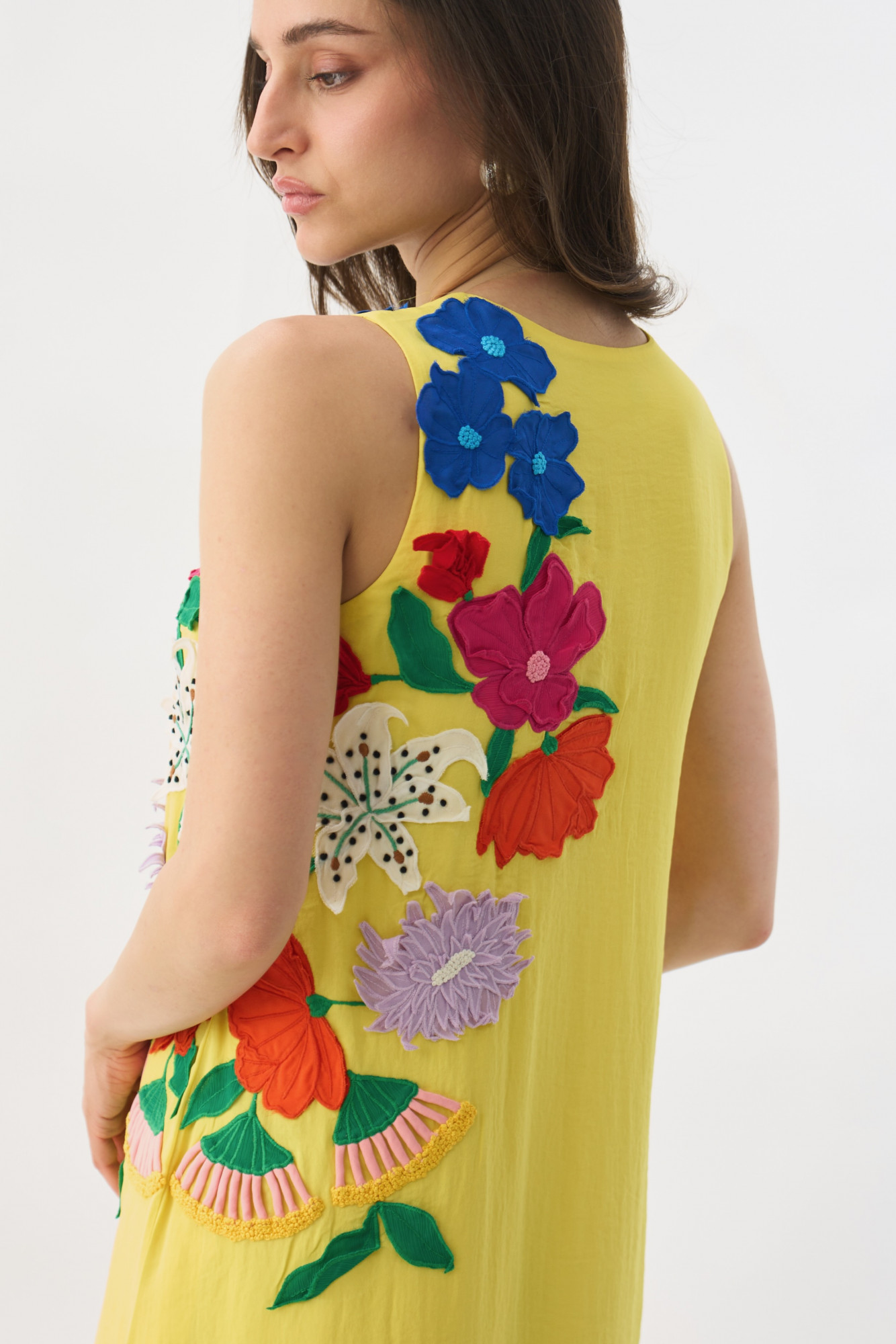 GARDEN OF SICILIA YELLOW COLOR KNEE LENGTH SHIFT DRESS WITH DELICATE MULTI COLOR FLORAL EMBROIDERY