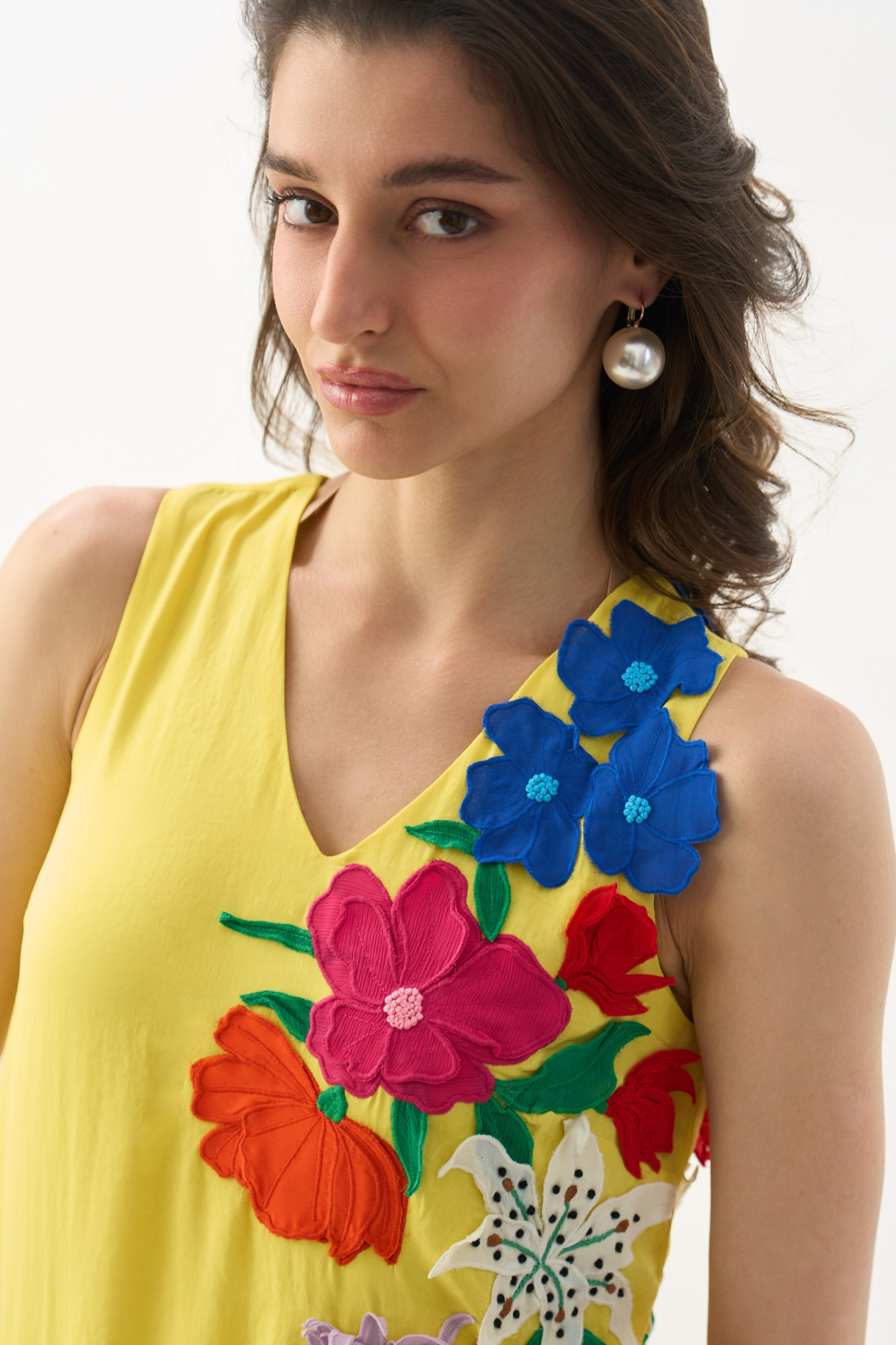 GARDEN OF SICILIA YELLOW COLOR KNEE LENGTH SHIFT DRESS WITH DELICATE MULTI COLOR FLORAL EMBROIDERY