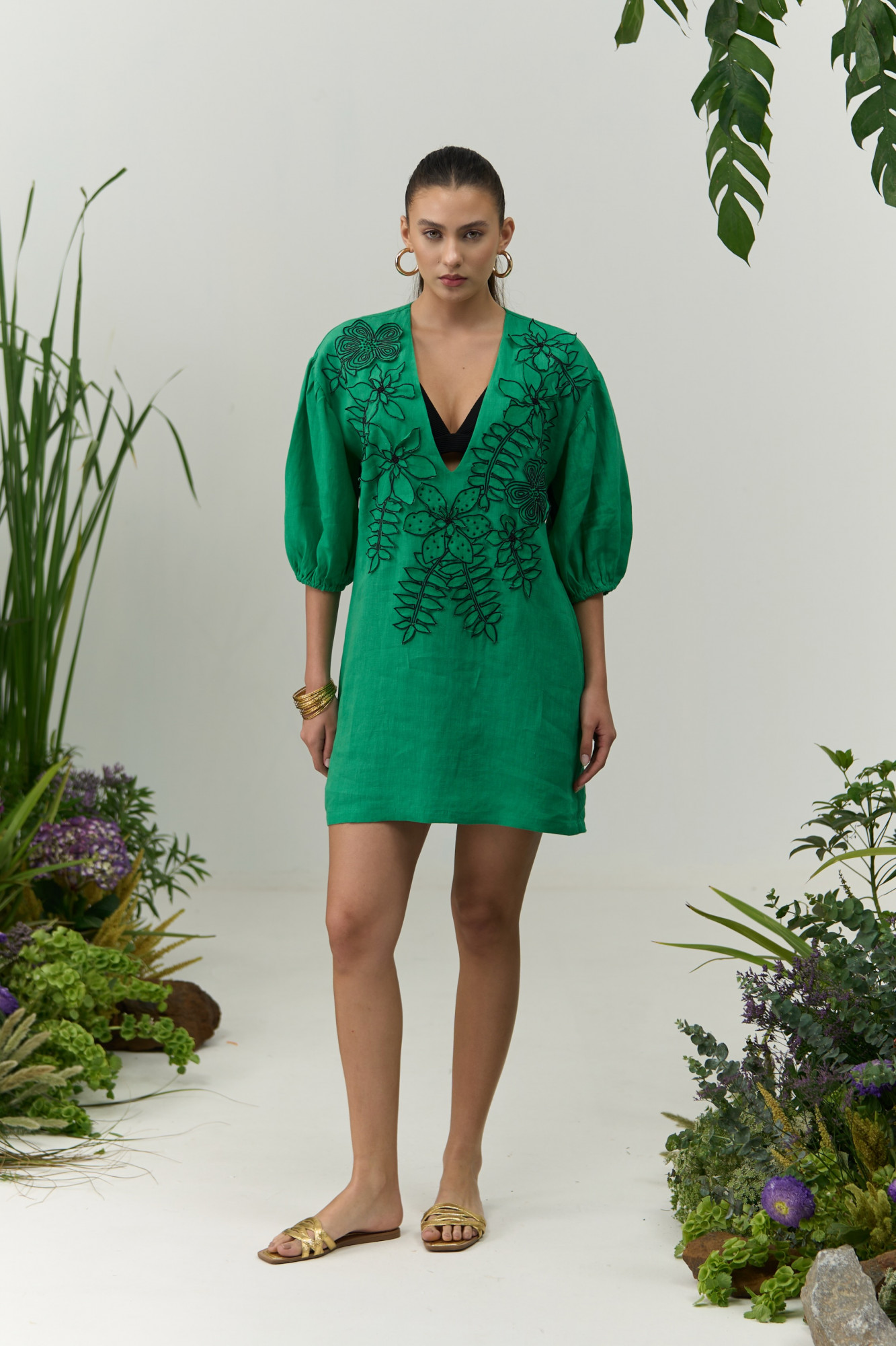 ATELIER RIVIERA GREEN COTTON LINEN COVER UP WITH FLOWER EMBROIDERY