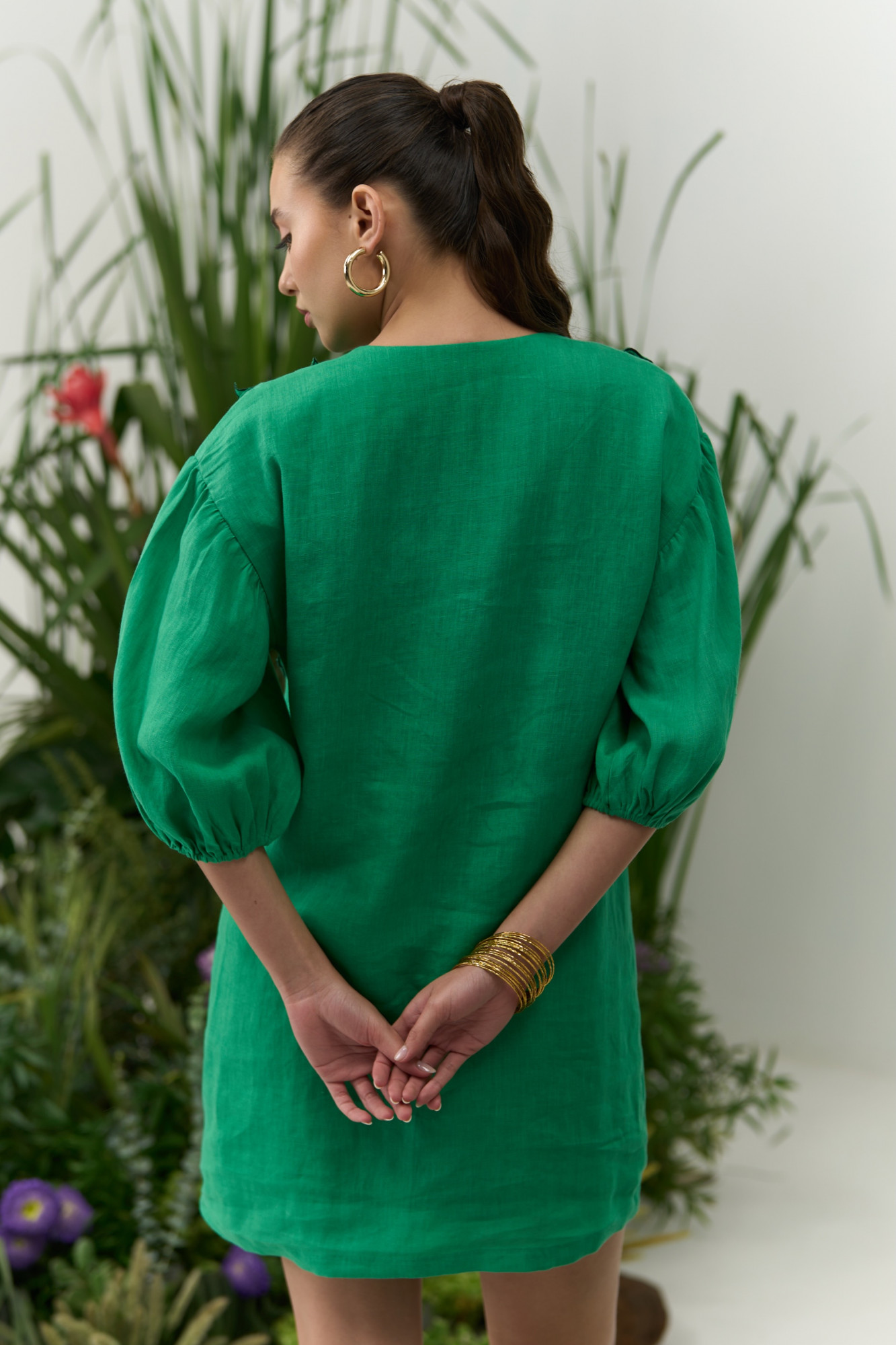 ATELIER RIVIERA GREEN COTTON LINEN COVER UP WITH FLOWER EMBROIDERY