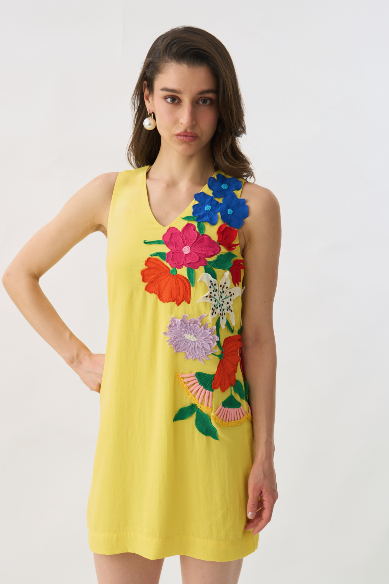 GARDEN OF SICILIA YELLOW COLOR KNEE LENGTH SHIFT DRESS WITH DELICATE MULTI COLOR FLORAL EMBROIDERY