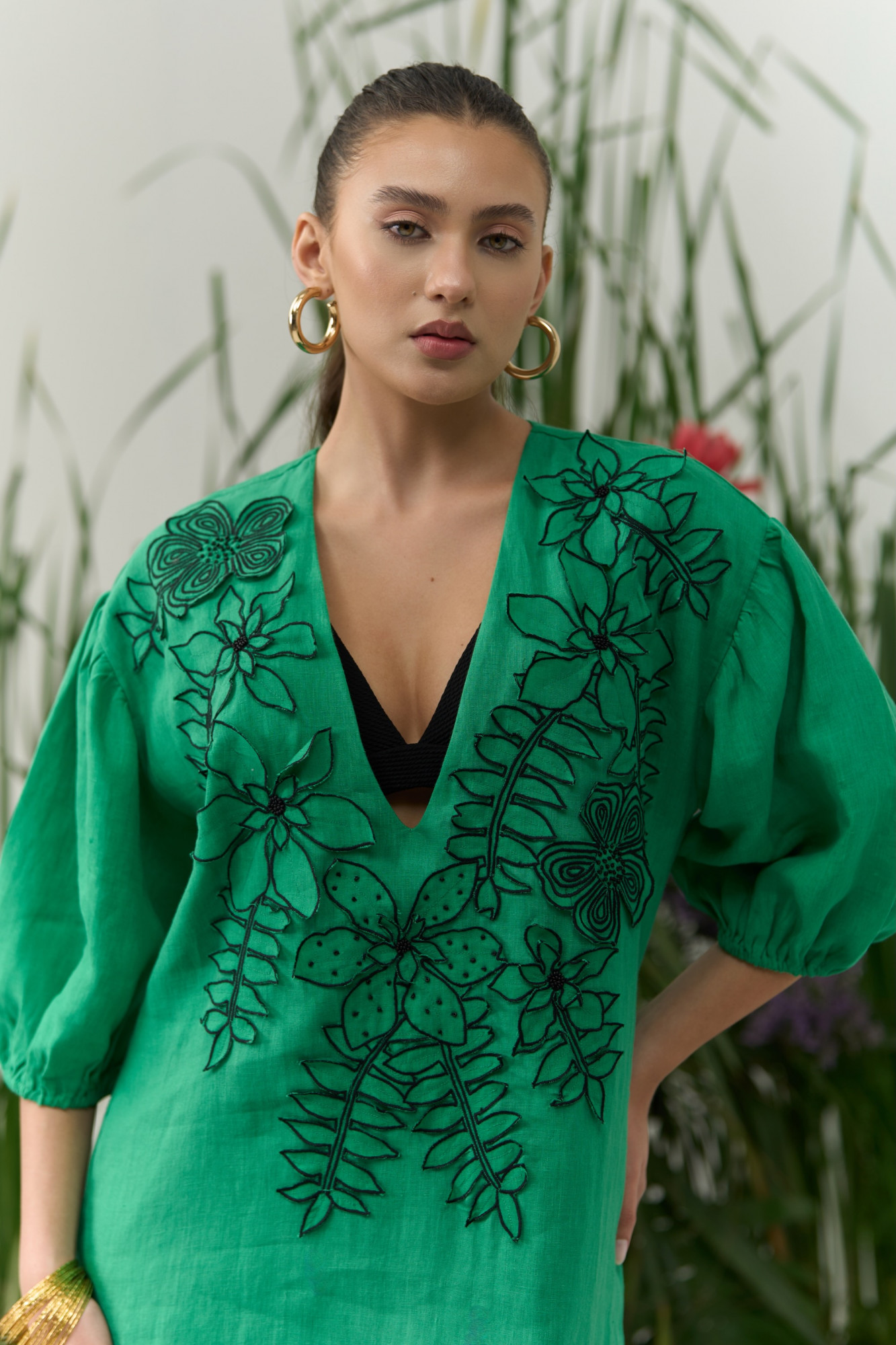ATELIER RIVIERA GREEN COTTON LINEN COVER UP WITH FLOWER EMBROIDERY
