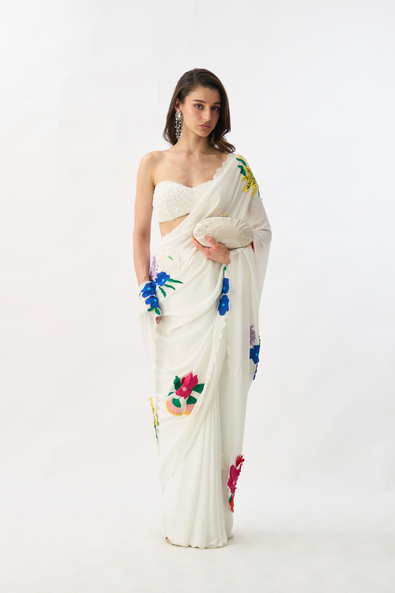 GARDEN OF SICILIA WHITE SARI WITH DELICATE FLORAL EMBROIDERY AND FULLY SEUINED BUSTIER BLOUSE