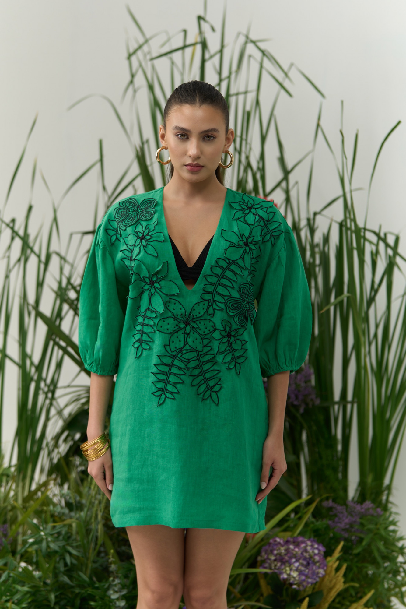ATELIER RIVIERA GREEN COTTON LINEN COVER UP WITH FLOWER EMBROIDERY