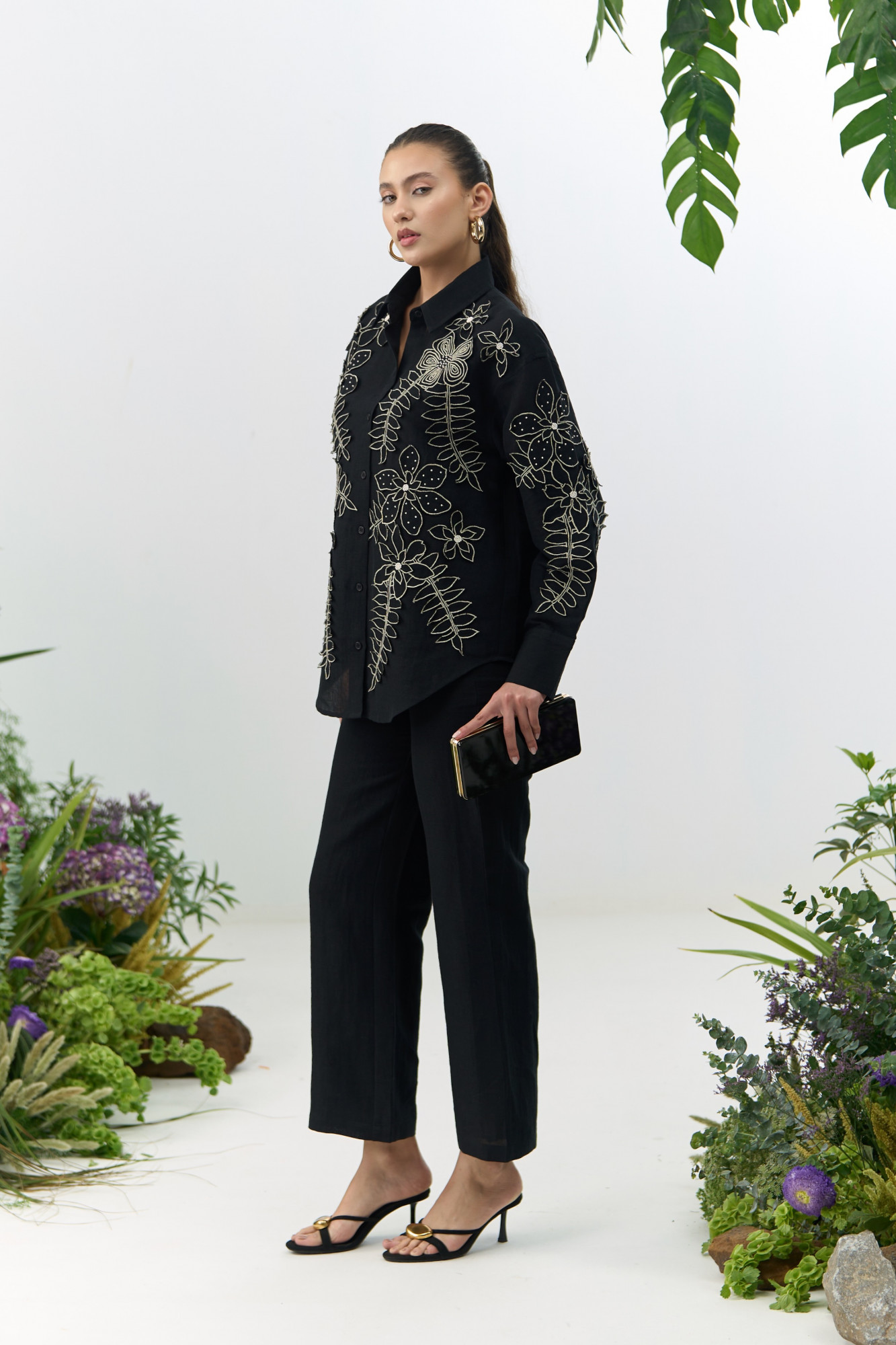 ATELIER RIVIERA BLACK COTTON LINEN SHIRT TUNIC PANTS CO-ORD SET WITH 3D FLOWER EMBROIDERY