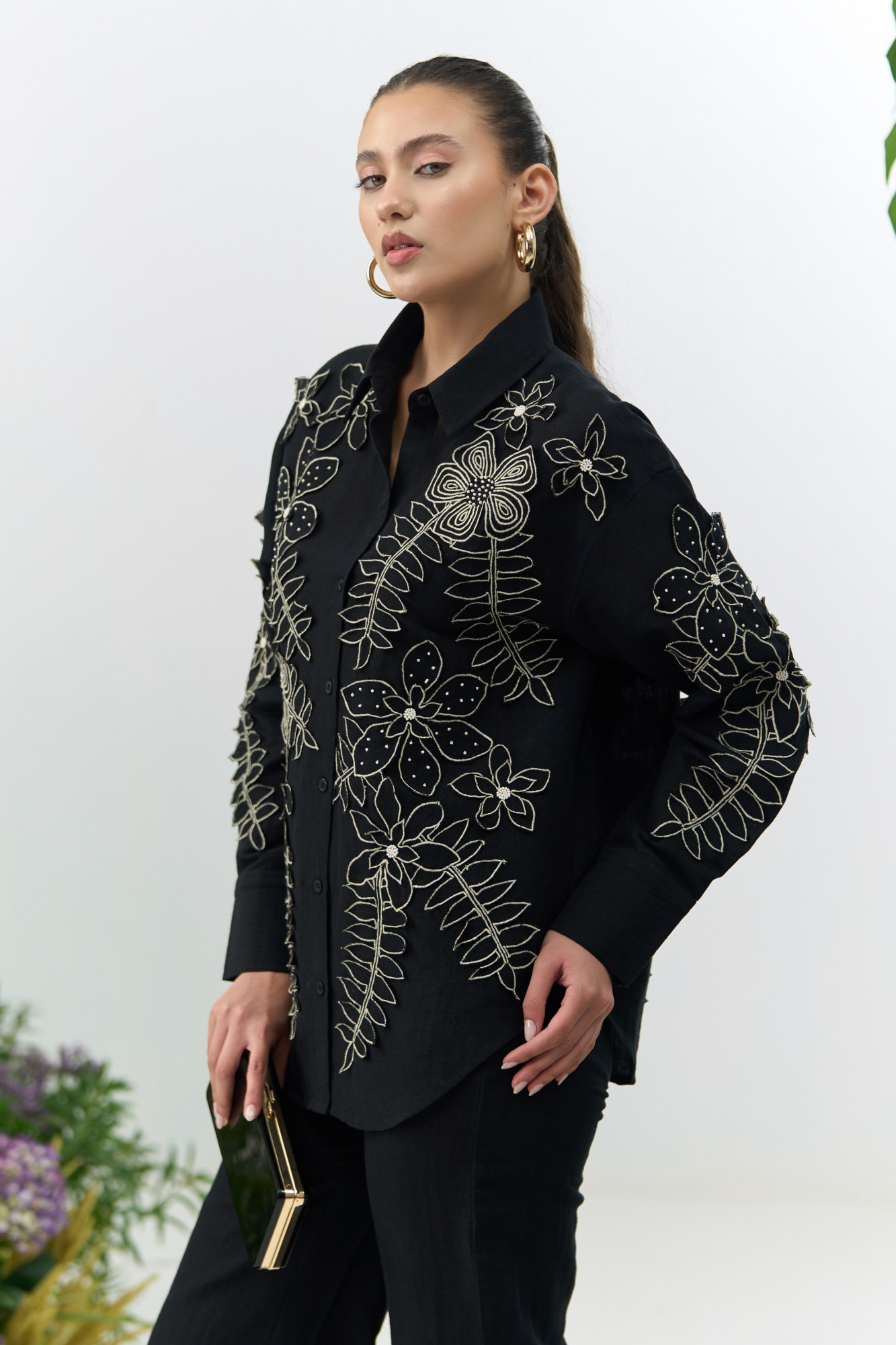 ATELIER RIVIERA BLACK COTTON LINEN SHIRT TUNIC PANTS CO-ORD SET WITH 3D FLOWER EMBROIDERY