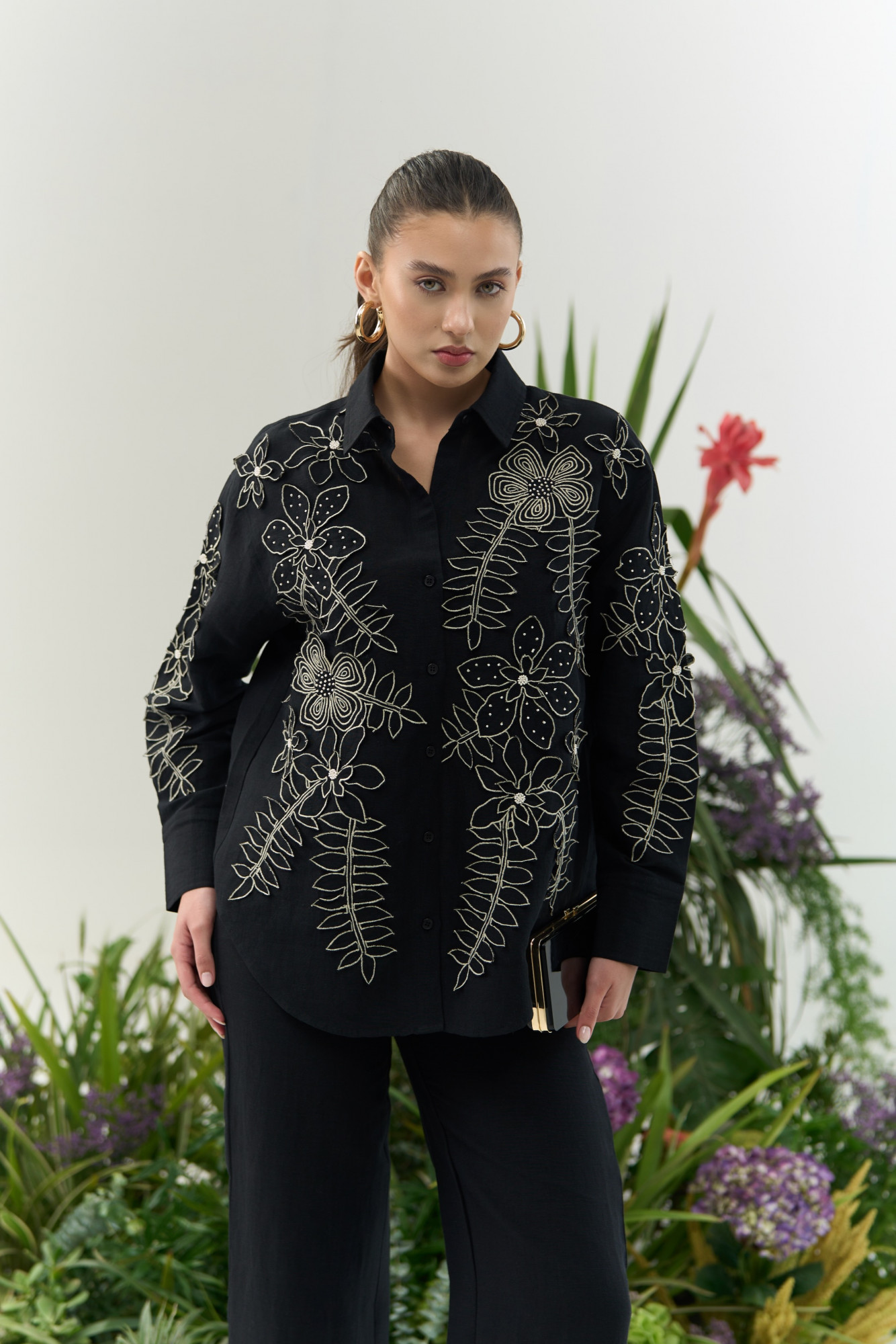 ATELIER RIVIERA BLACK COTTON LINEN SHIRT TUNIC PANTS CO-ORD SET WITH 3D FLOWER EMBROIDERY