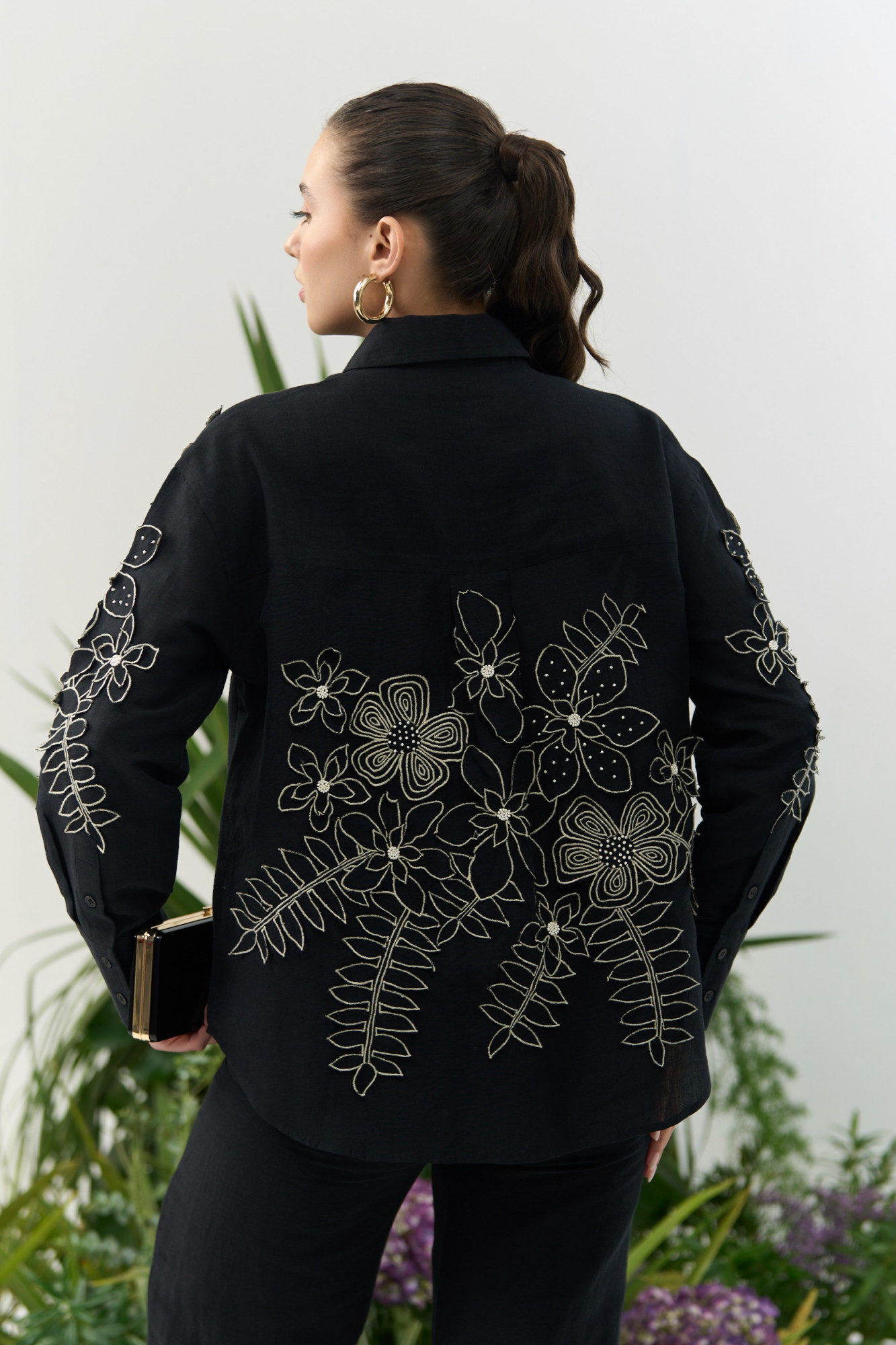 ATELIER RIVIERA BLACK COTTON LINEN SHIRT TUNIC PANTS CO-ORD SET WITH 3D FLOWER EMBROIDERY